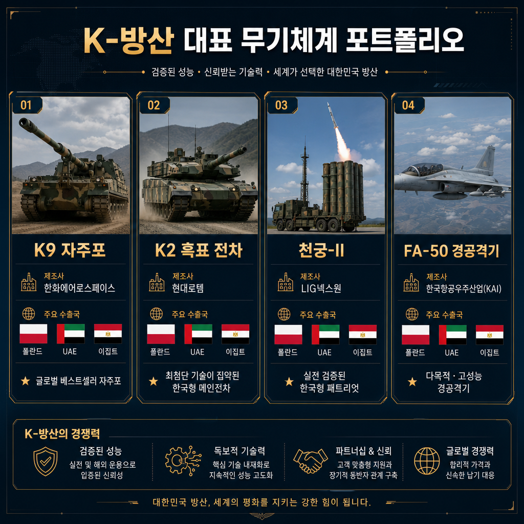 'K-방산 대표 무기체계 포트폴리오'라는 제목의 인포그래픽. 4개의 카드 형식으로 구성. 각 카드에는 (1)K9 자주포, (2)K2 흑표 전차, (3)천궁-II, (4)FA-50 경공격기 이미지가 포함. 이미지 아래에는 제품명, 제조사, 그리고 주요 수출국(폴란드, UAE, 이집트 등)의 국기가 표시됨. 각 제품의 핵심 특징(예: '글로벌 베스트셀러 자주포', '실전 검증된 한국형 패트리엇')을 한 줄로 요약.