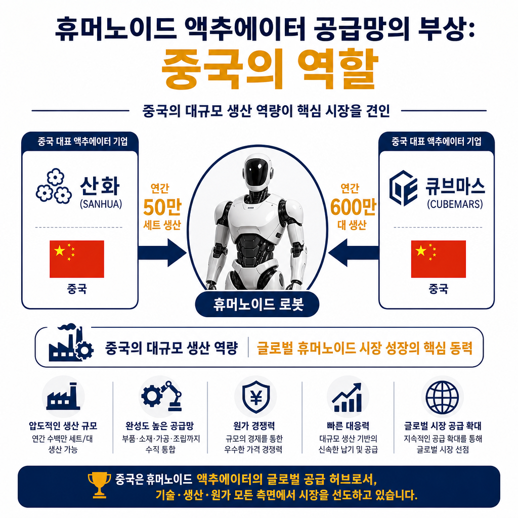 '휴머노이드 액추에이터 공급망의 부상: 중국의 역할'이라는 제목의 다이어그램. 중앙에 '휴머노이드 로봇' 아이콘을 배치하고, 주변에 중국 국기와 함께 '산화(Sanhua)'와 '큐브마스(Cubemars)' 로고를 배치. 각 기업에서 '휴머노이드 로봇'으로 향하는 화살표 위에 '연간 50만 세트 생산', '연간 600만 대 생산'이라는 텍스트를 amber 색상으로 강조하여 삽입. 중국의 대규모 생산 능력이 시장의 핵심 동력임을 시각적으로 표현.