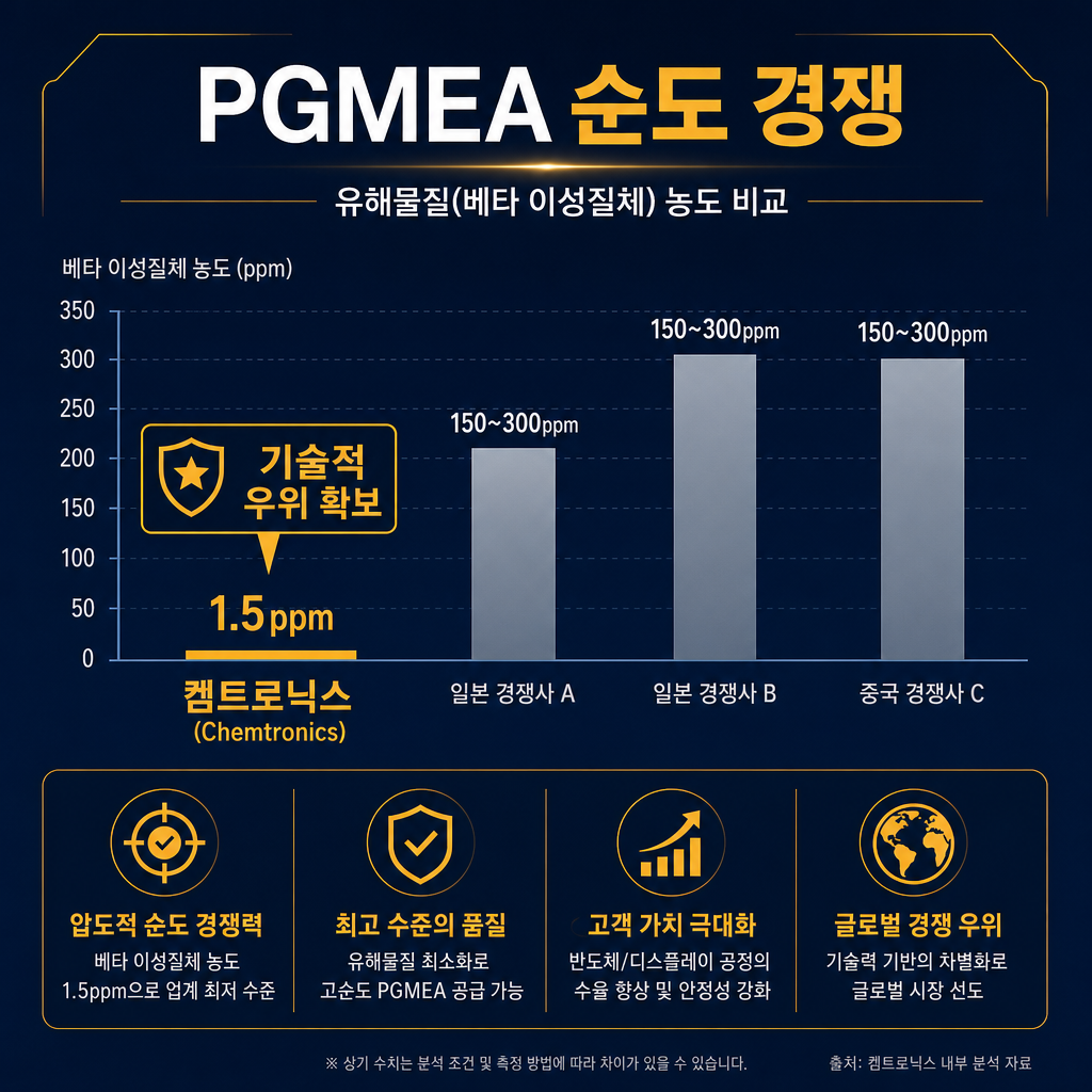 켐트로닉스의 기술 우위를 보여주는 비교 인포그래픽. 'PGMEA 순도 경쟁'이라는 제목 아래, 켐트로닉스와 일본/중국 경쟁사의 독성물질(베타아이소머) 농도를 막대그래프로 비교. 켐트로닉스 막대는 매우 낮은 '1.5ppm'으로, 경쟁사 막대는 훨씬 높은 '150~300ppm'으로 시각화. 켐트로닉스 막대에 '기술적 우위 확보'라는 amber 컬러 라벨 부착.