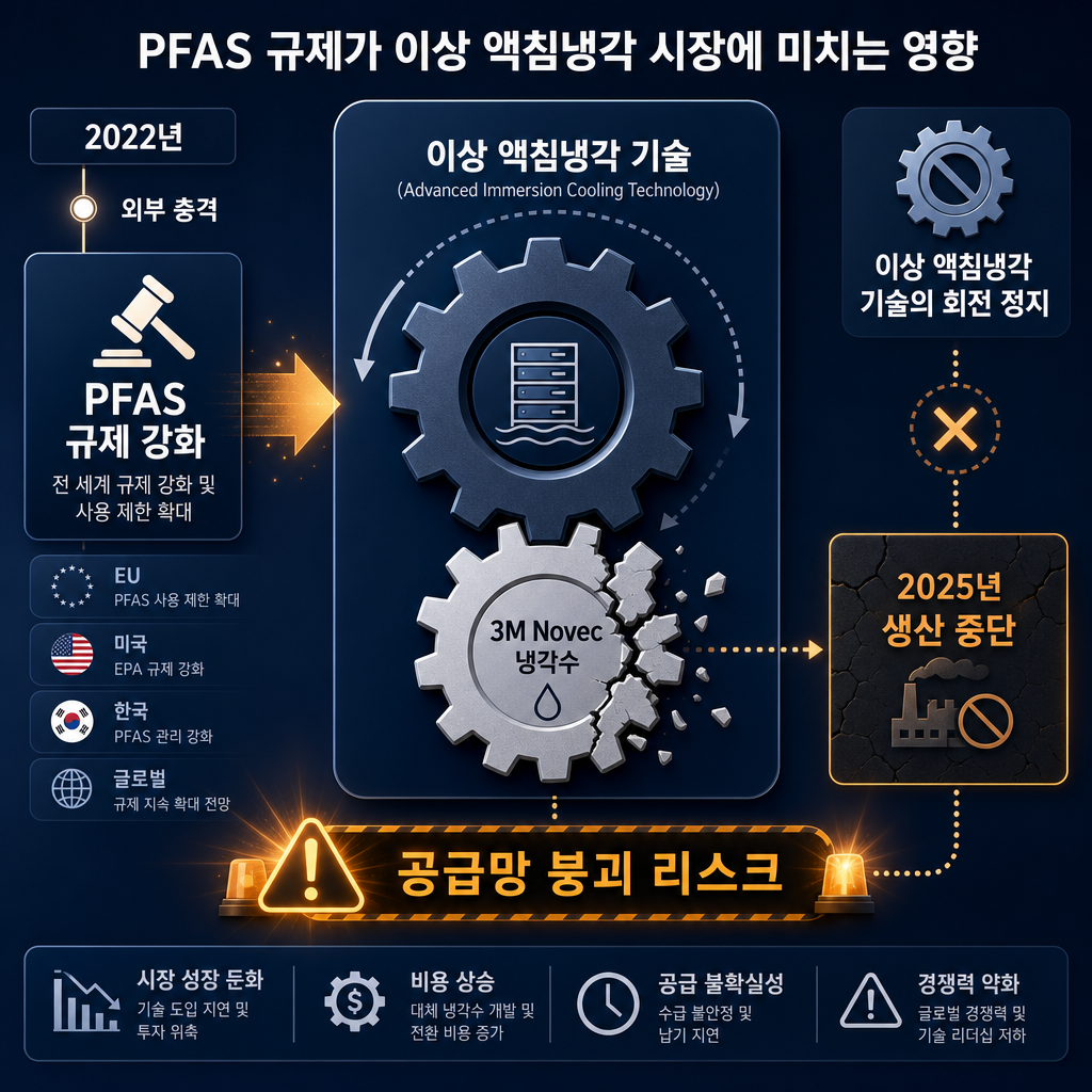 PFAS 규제가 이상 액침냉각 시장에 미치는 영향을 보여주는 다이어그램. 중앙에 '이상 액침냉각 기술' 박스가 있고, 이 박스에 '3M Novec 냉각수'라는 작은 박스가 톱니바퀴처럼 맞물려 돌아가는 모습. 2022년을 기점으로 'PFAS 규제 강화'라는 외부 충격이 가해지자, 3M 박스가 깨지면서 '2025년 생산 중단'이라는 텍스트가 나타남. 이로 인해 '이상 액침냉각' 톱니바퀴의 회전이 멈추고 '공급망 붕괴 리스크'라는 경고 문구가 amber 컬러로 점멸하는 효과.