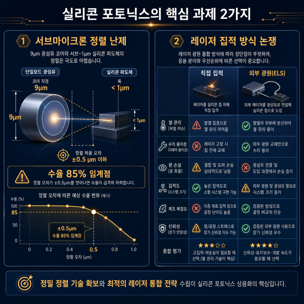 실리콘 포토닉스의 두 가지 핵심 난제를 시각화한 인포그래픽. 왼쪽 패널은 '서브마이크론 정렬 난제'라는 제목으로, 9µm 직경의 광섬유 코어와 1µm 미만의 실리콘 도파로를 확대해 보여주며 정렬의 어려움을 강조. '수율 85% 임계점' 문구 삽입. 오른쪽 패널은 '레이저 집적 방식 논쟁'이라는 제목으로 '직접 집적'과 '외부 광원(ELS)' 방식을 비교하는 표. 각 방식의 장단점(열 문제, 수리 용이성, 광손실 등)을 아이콘과 함께 요약. navy, amber 색상 활용.