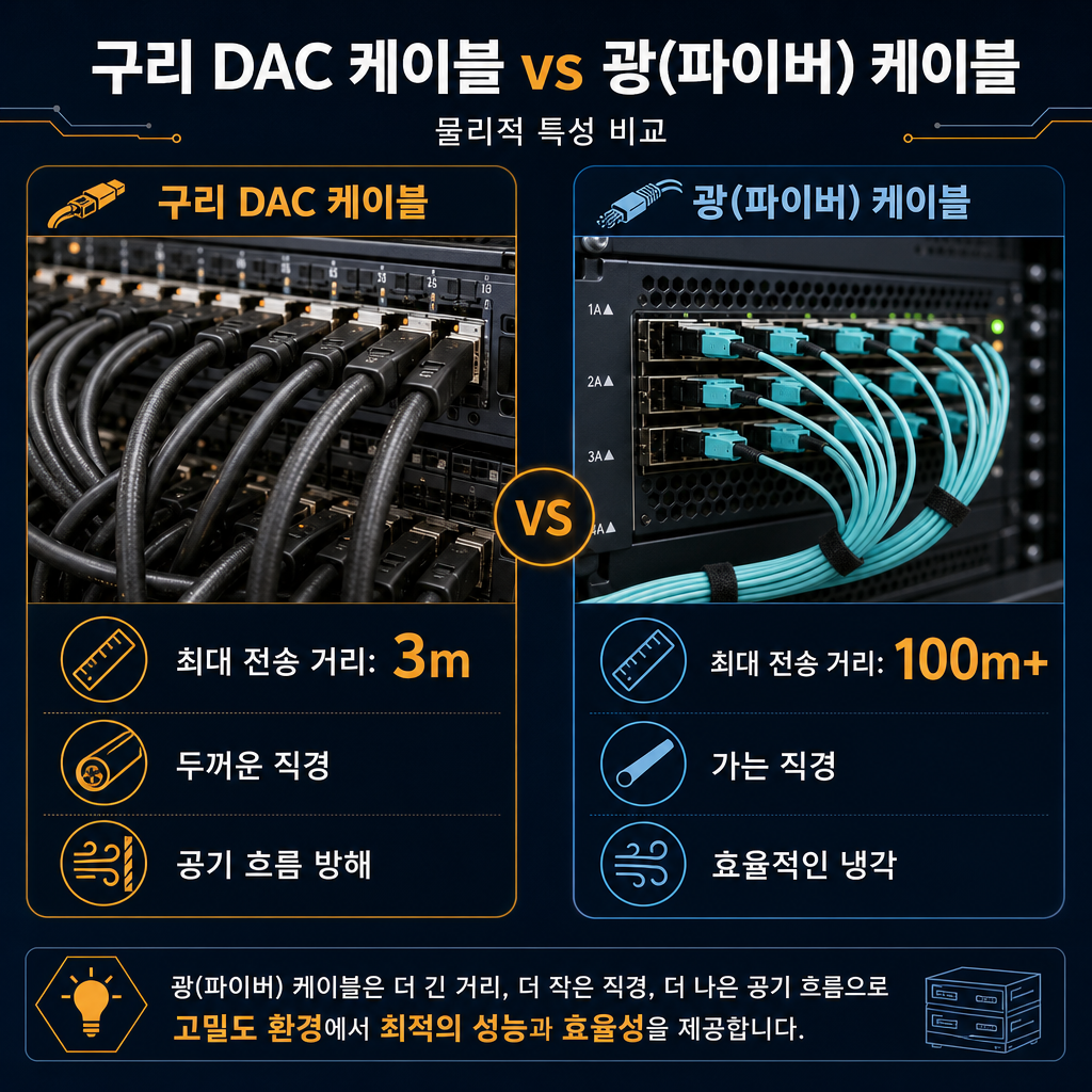 구리선(DAC)과 광섬유 케이블의 물리적 특성을 비교하는 인포그래픽. 왼쪽에는 두껍고 뻣뻣한 구리 DAC 케이블 여러 개가 랙 후면을 복잡하게 채우고 있는 이미지를 보여주며 '최대 전송 거리: 3m', '두꺼운 직경', '공기 흐름 방해'라는 단점을 텍스트로 명시. 오른쪽에는 가늘고 유연한 광섬유 케이블(MPO 커넥터 포함)이 깔끔하게 정리된 모습을 보여주며 '최대 전송 거리: 100m+', '가는 직경', '효율적인 냉각'이라는 장점을 대비시켜 보여줌.