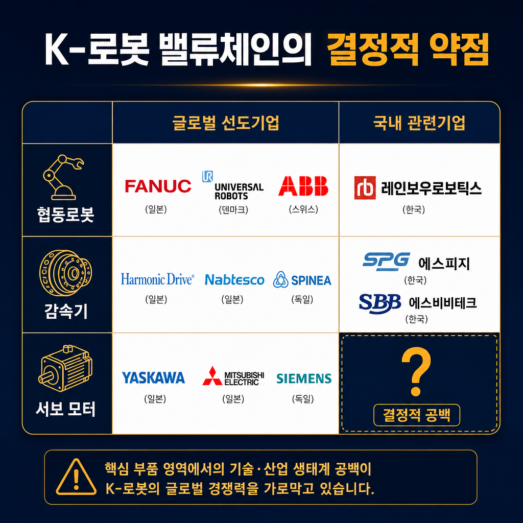 로봇 산업 밸류체인을 시각화한 표. 행은 '협동로봇', '감속기', '서보 모터' 등 주요 분야. 열은 '글로벌 선도기업'과 '국내 관련기업'. '서보 모터' 행의 '국내 관련기업' 칸을 비워두거나 큰 물음표(?)로 채우고 앰버 색상으로 강조하여 '결정적 공백'임을 부각. 각 칸에는 대표 기업 로고나 이름(Fanuc, Harmonic Drive, Yaskawa, 레인보우로보틱스, 에스피지 등)을 배치. 제목: 'K-로봇 밸류체인의 결정적 약점'.