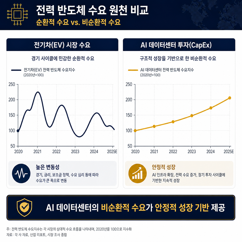 '전력반도체 수요처 비교: 순환적 vs 비순환적 성장' 개념도. 두 개의 꺾은선 그래프를 나란히 제시. 좌측 그래프는 '전기차(EV) 시장 수요'라는 제목으로, 위아래로 변동성이 큰 물결 모양의 선으로 표현. 우측 그래프는 'AI 데이터센터 투자(CapEx)'라는 제목으로, 변동성 없이 꾸준히 우상향하는 직선에 가까운 선으로 표현. 하단에 'AI 데이터센터의 비순환적 수요가 안정적 성장 기반 제공'이라는 시사점을 텍스트로 요약.