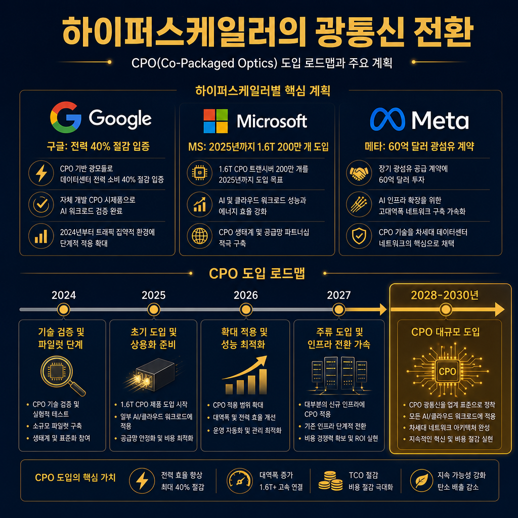 하이퍼스케일러의 CPO 도입 로드맵 인포그래픽. 중앙에 '하이퍼스케일러의 광통신 전환'이라는 타이틀. 구글, 마이크로소프트, 메타의 로고와 함께 각 사의 핵심 계획을 요약. '구글: 전력 40% 절감 입증', 'MS: 2025년까지 1.6T 200만 개 도입', '메타: 60억 달러 광섬유 계약'. 하단에는 2024년부터 2030년까지의 타임라인을 그리고, '2028-2030년: CPO 대규모 도입' 구간을 amber 컬러로 강조.
