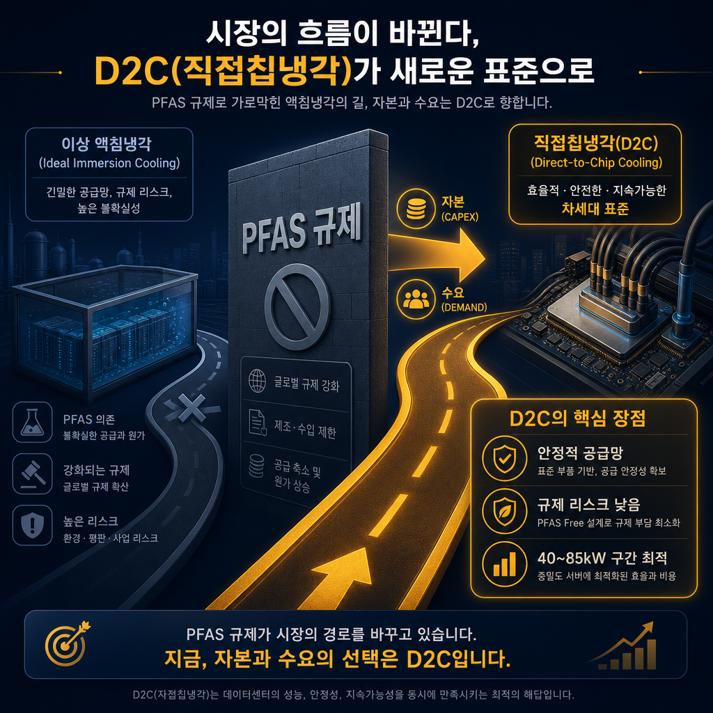 D2C 방식이 시장의 주류로 부상하는 과정을 보여주는 인포그래픽. 좌측에는 '이상 액침냉각' 경로가 있고, 중간에 'PFAS 규제'라는 거대한 장벽이 길을 막고 있음. 이 장벽을 피해 우측의 '직접칩냉각(D2C)' 경로로 자본과 수요를 상징하는 화살표들이 몰려드는 모습을 시각화. D2C 경로에는 '안정적 공급망', '규제 리스크 낮음', '40~85kW 구간 최적'이라는 장점들을 아이콘과 함께 나열. D2C 경로를 amber 컬러로 강조하여 대안으로서의 부상을 표현.
