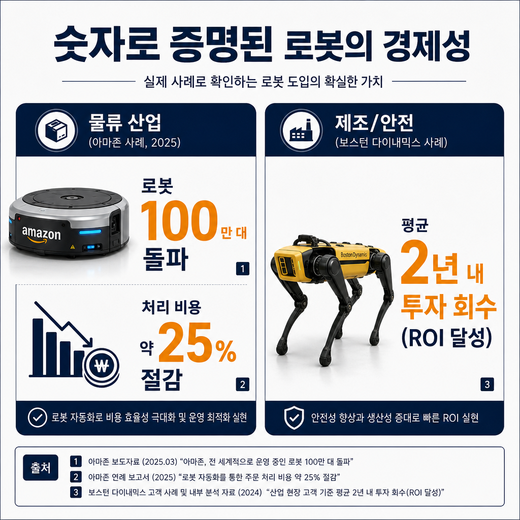 로봇 도입의 산업별 ROI(투자 회수) 효과를 보여주는 인포그래픽. 제목: '숫자로 증명된 로봇의 경제성'. 크게 2개 섹션으로 나눔. 왼쪽 섹션은 '물류 산업 (아마존 사례, 2025)' 제목으로 '로봇 100만 대 돌파', '처리 비용 약 25% 절감'이라는 핵심 수치를 큰 숫자로 보여주고 물류 로봇 아이콘을 배치. 오른쪽 섹션은 '제조/안전 (보스턴 다이내믹스 사례)' 제목으로 '평균 2년 내 투자 회수 (ROI 달성)'이라는 문구를 강조하고 4족 보행 로봇 '스팟' 아이콘을 배치. 각 수치에 출처 번호 명시. amber 컬러로 핵심 수치 강조.
