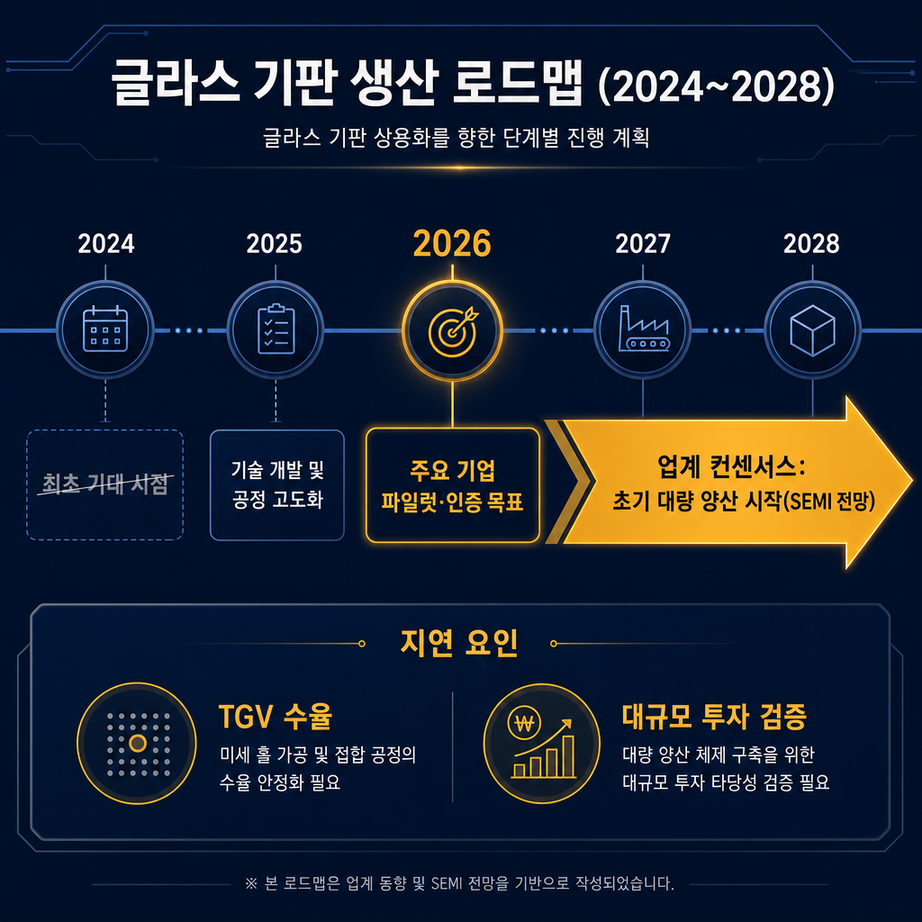 유리기판 양산 로드맵 타임라인 인포그래픽. 수평 타임라인 2024~2028년. 2024년 '최초 기대 시점'에 희미한 취소선. 2026년 '주요 기업 파일럿·인증 목표'. 2027~2028년 '업계 컨센서스: 초기 대량 양산 시작(SEMI 전망)'을 amber 큰 화살표로 강조. 하단에 지연 원인('TGV 수율', '대규모 투자 검증')을 아이콘과 함께 요약. 모든 텍스트 한글.