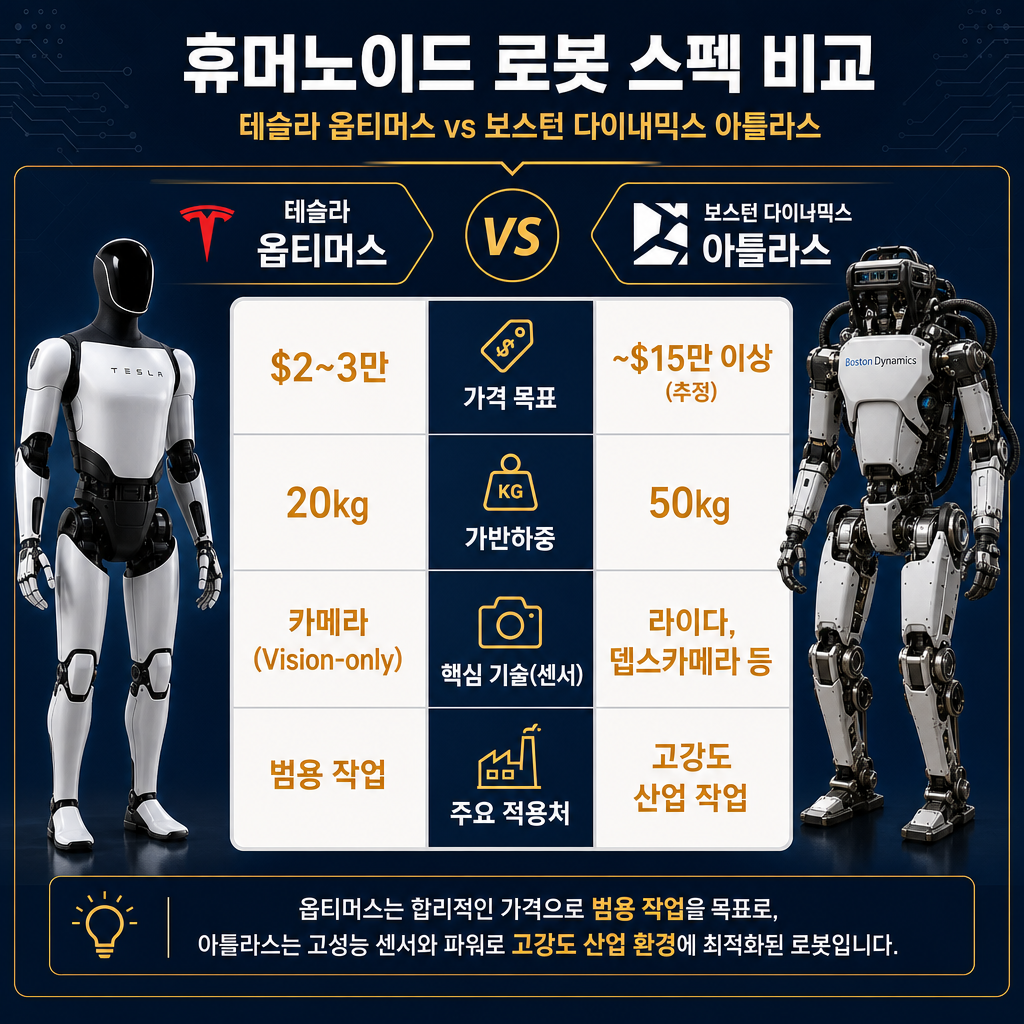테슬라 옵티머스 vs 보스턴다이내믹스 아틀라스 스펙 비교표. 두 로봇의 이미지를 좌우에 배치. 비교 항목은 '가격 목표', '가반하중', '핵심 기술(센서)', '주요 적용처'. 테슬라는 '$2~3만', '20kg', '카메라(Vision-only)', '범용 작업'을, 아틀라스는 '~$15만 이상(추정)', '50kg', '라이다, 뎁스카메라 등', '고강도 산업 작업'을 명시. 네이비 배경에 앰버 컬러로 핵심 스펙을 강조.