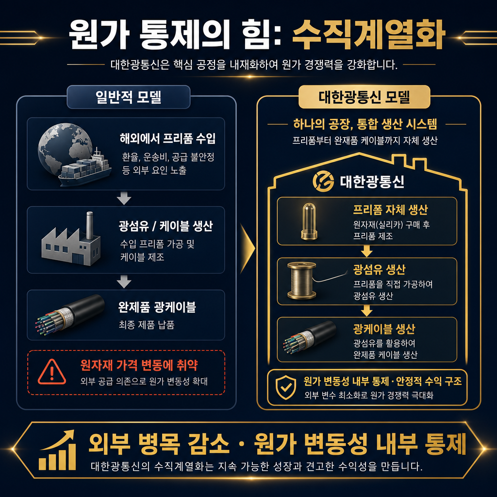 대한광통신의 수직계열화 모델을 설명하는 다이어그램. 제목: '원가 통제의 힘: 수직계열화'. 왼쪽에는 '일반적 모델'로 해외에서 프리폼을 수입해 광섬유/광케이블을 제조하는 과정을 보여주고 '원자재 가격 변동에 취약'이라고 표기. 오른쪽에는 '대한광통신 모델'로 프리폼 제조부터 광케이블 완제품까지 하나의 공장 아이콘 안에서 화살표로 이어지는 일원화 생산 체제를 보여줌. 하단에 '외부 병목 감소 · 원가 변동성 내부 통제'라는 효과를 키워드로 강조(실적 수치는 넣지 말 것 — 2편에서 다룸).