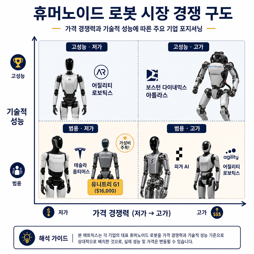 휴머노이드 로봇 시장의 경쟁 구도를 보여주는 2x2 매트릭스 차트. X축은 '가격 경쟁력 (저가 → 고가)', Y축은 '기술적 성능 (범용 → 고성능)'. 각 기업의 로봇을 사분면에 배치. 우상단(고성능·고가)에 '보스턴 다이내믹스 아틀라스'. 좌하단(범용·저가)에 '테슬라 옵티머스', 그리고 그보다 더 낮은 가격대에 '유니트리 G1 ($16,000)'을 amber 색상으로 강조. 좌상단(고성능·저가)과 우하단(범용·고가) 영역에는 '피겨 AI', '어질리티 로보틱스' 등을 배치하여 다각화된 경쟁 상황을 표현. 모든 텍스트는 한글.