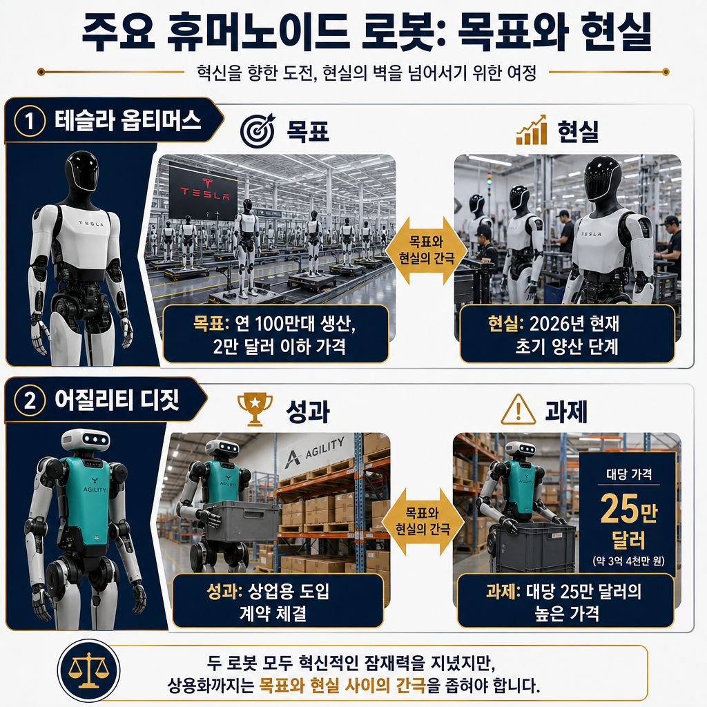 '주요 휴머노이드 로봇: 목표와 현실'이라는 제목의 비교 인포그래픽. '테슬라 옵티머스'와 '어질리티 디짓' 두 섹션으로 나눔. 옵티머스 섹션에는 '목표: 연 100만대 생산, 2만 달러 이하 가격'이라는 텍스트와 함께 미래 공장의 이미지를, '현실: 2026년 현재 초기 양산 단계'라는 텍스트를 배치. 디짓 섹션에는 '성과: 상업용 도입 계약 체결'이라는 텍스트와 함께 물류창고 이미지를, '과제: 대당 25만 달러의 높은 가격'이라는 텍스트를 배치. 목표와 현실의 간극을 명확히 비교.
