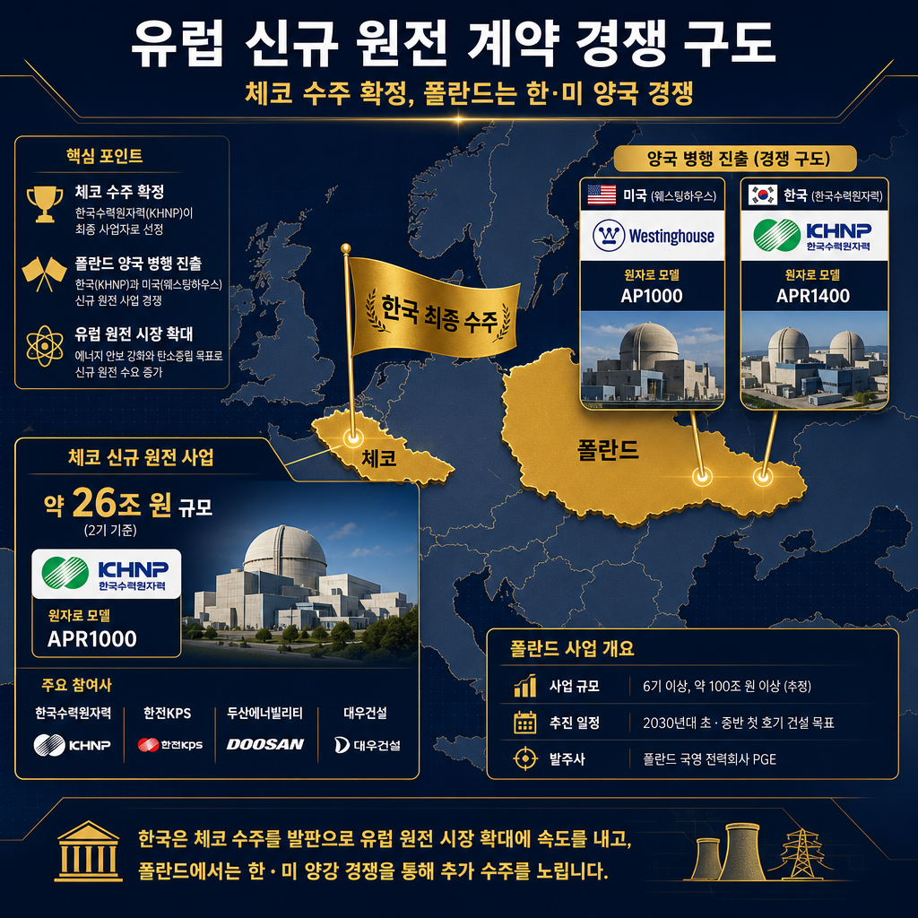 유럽 신규 원전 수주 경쟁 구도를 보여주는 지도 인포그래픽. 유럽 지도 위에 체코와 폴란드를 강조 표시. 체코(두코바니 프로젝트)에는 '한국 최종 수주'라는 승리 깃발과 함께 KHNP 로고와 APR1000 원자로 이미지를 배치. 폴란드에는 미국(웨스팅하우스 AP1000)과 한국(KHNP APR1400)의 깃발을 나란히 꽂아 '양국 병행 진출' 경쟁 구도를 표현. 각 프로젝트의 규모(체코 약 26조 원)와 핵심 참여사를 간략히 기재.