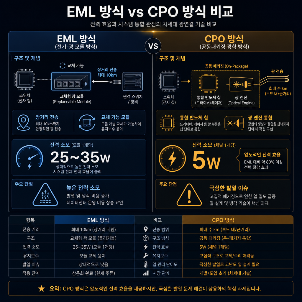EML 플러그어블 방식과 CPO(공동 패키징 광학) 방식을 비교하는 인포그래픽. 왼쪽 'EML 방식'에는 교체 가능한 모듈 아이콘과 10km 장거리 전송 아이콘을, 단점으로는 높은 전력 소모(25~35W) 아이콘을 배치. 오른쪽 'CPO 방식'에는 반도체 칩과 광학엔진이 통합된 아이콘과 압도적인 전력 효율(5W) 아이콘을 amber 색상으로 강조하고, 단점으로는 '극심한 발열 문제'를 나타내는 경고 아이콘을 배치.
