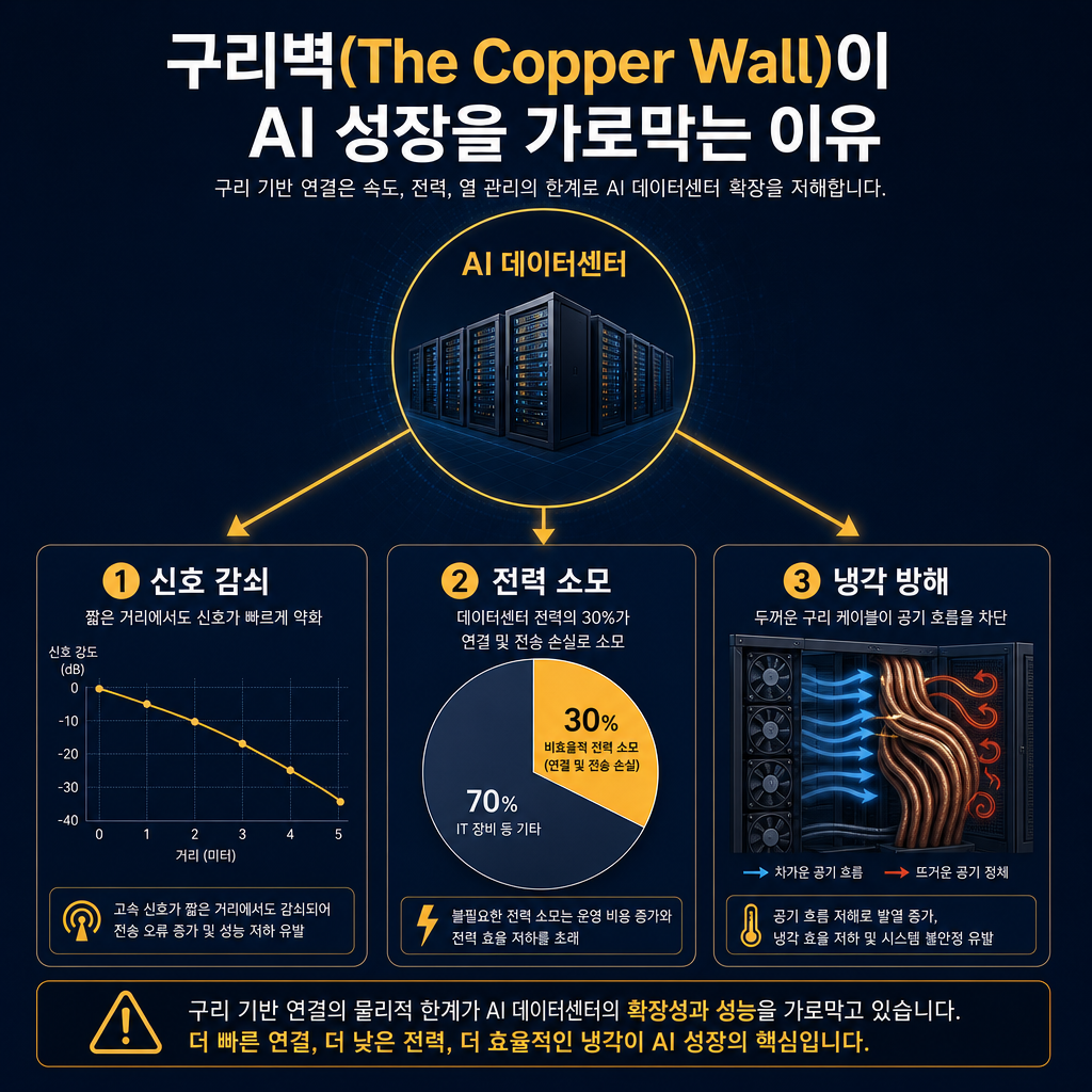 '구리벽(The Copper Wall)이 AI 성장을 가로막는 이유'를 주제로 한 문제점 분석 인포그래픽. 중앙에 'AI 데이터센터' 아이콘을 두고, 세 방향으로 화살표가 뻗어나가며 각각의 문제점을 설명. 첫 번째 화살표는 '신호 감쇠'를 가리키며 짧은 거리에서 신호가 사라지는 그래프를 표시. 두 번째 화살표는 '전력 소모'를 가리키며 데이터센터 전력 아이콘의 30%가 amber 색으로 칠해진 파이 차트를 표시. 세 번째 화살표는 '냉각 방해'를 가리키며 두꺼운 케이블이 서버 랙의 팬에서 나오는 공기 흐름을 막는 모습을 도식화.