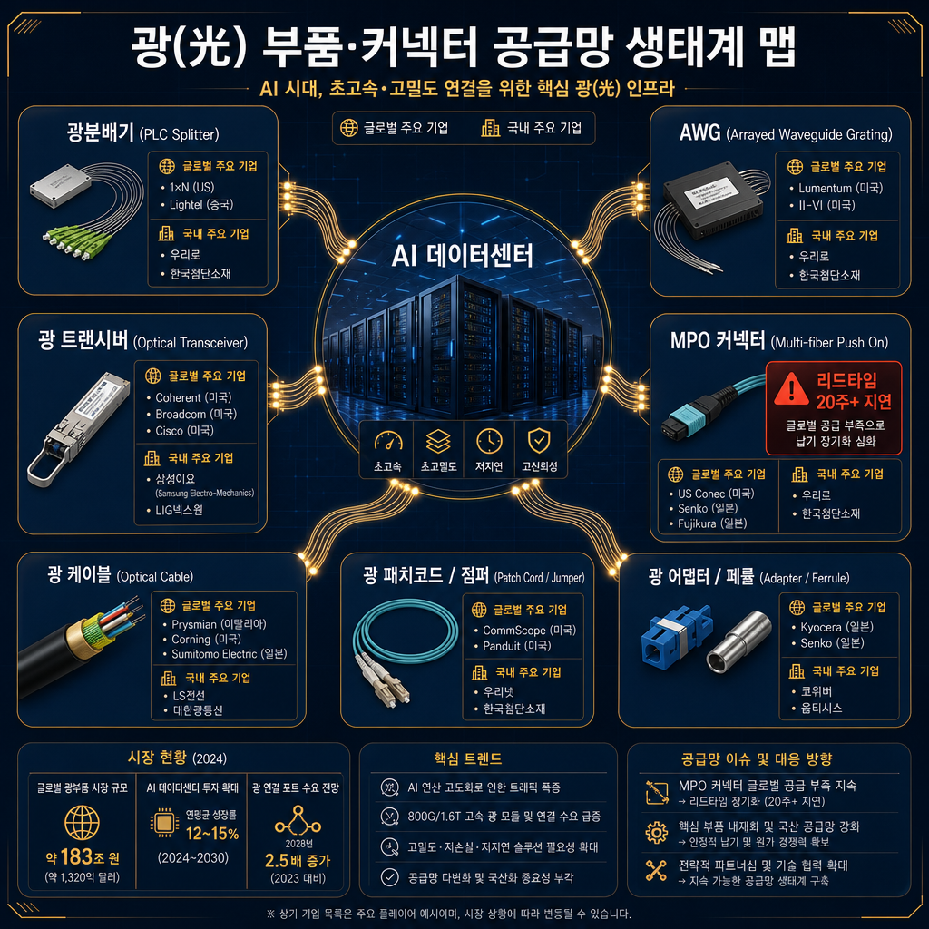 광부품·커넥터 공급망 생태계 맵. 중앙에 'AI 데이터센터' 그림을 두고, 여러 갈래의 광케이블이 나와 각 부품으로 연결되는 모습을 시각화. 각 부품(광분배기, AWG, MPO 커넥터 등) 영역에 글로벌 플레이어(US Conec, Senko 등)와 국내 플레이어(우리로, 한국첨단소재 등)를 매핑하여 표시. 특히 MPO 커넥터 영역에는 붉은색으로 '리드타임 20주+ 지연'이라는 경고 문구를 넣어 병목 현상을 강조.