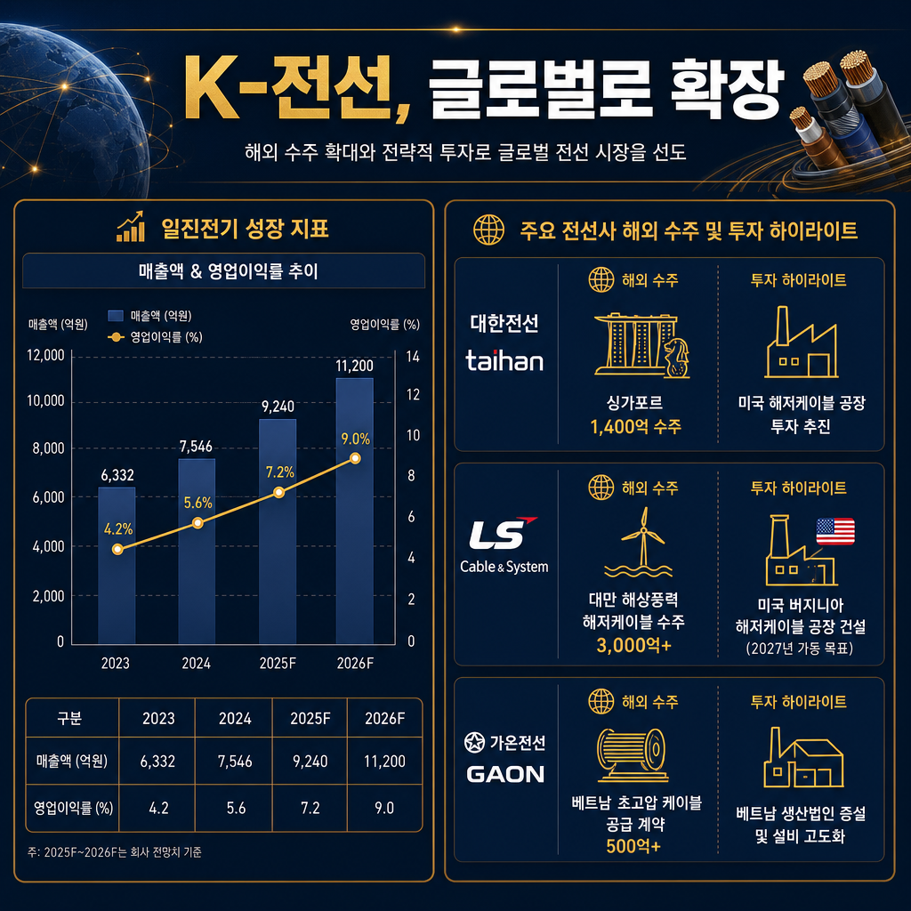 '국내 주요 전선 기업의 성장 지표' 종합 인포그래픽. 중앙에 'K-전선, 글로벌로 확장' 타이틀. 좌측에 일진전기의 매출액(2023~2025F)과 영업이익률(2023~2026F) 추이를 보여주는 혼합 차트. 우측에는 대한전선, LS전선, 가온전선의 최근 해외 수주 및 투자 하이라이트를 아이콘과 함께 요약 ('싱가포르 1,400억 수주', '미국 해저케이블 공장 투자' 등). Navy/Amber. 모든 텍스트는 한글.