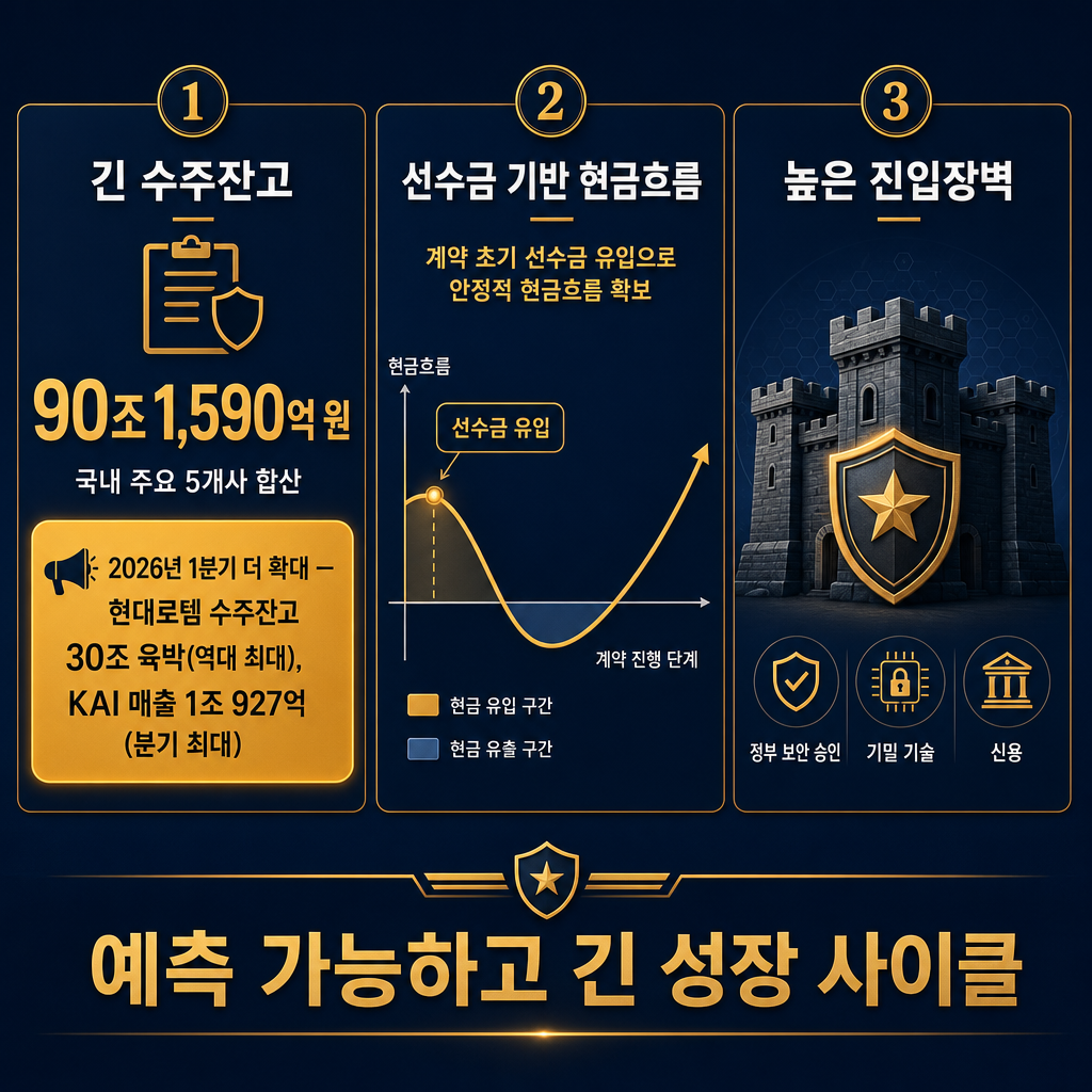 방위산업의 3대 구조적 특성을 설명하는 인포그래픽. (1)긴 수주잔고: 국내 5개사 수주잔고 90.1조 원이라는 숫자를 강조하며, 달력 위로 긴 화살표가 이어지는 그래픽. (2)우량한 현금흐름: '선수금 수취'라는 키워드와 함께 현금이 계약 초기에 유입되는 현금흐름 그래프. (3)높은 진입장벽: 견고한 성벽 아이콘으로 표현하고 '정부 보안 승인', '기밀 기술' 등의 키워드를 나열. 각 특성이 어떻게 안정적인 성장으로 이어지는지를 시각적으로 연결.