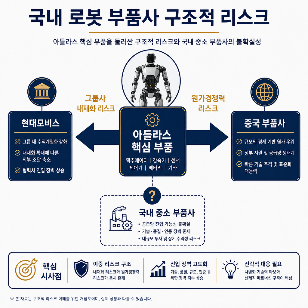 국내 로봇 부품사가 직면한 구조적 리스크를 도식화. 중앙에 '아틀라스 핵심 부품'이라는 상자를 두고, 양쪽으로 두 개의 큰 화살표가 뻗어 나감. 왼쪽 화살표는 '현대모비스'를 가리키며 '그룹사 내재화 리스크'라고 표기. 오른쪽 화살표는 '중국 부품사'를 가리키며 '원가경쟁력 리스크'라고 표기. 이 두 흐름에서 벗어난 곳에 '국내 중소 부품사' 상자를 작게 배치하고 물음표(?)를 표시하여 공급망 진입의 불확실성을 시각적으로 표현. 모든 텍스트는 한글.