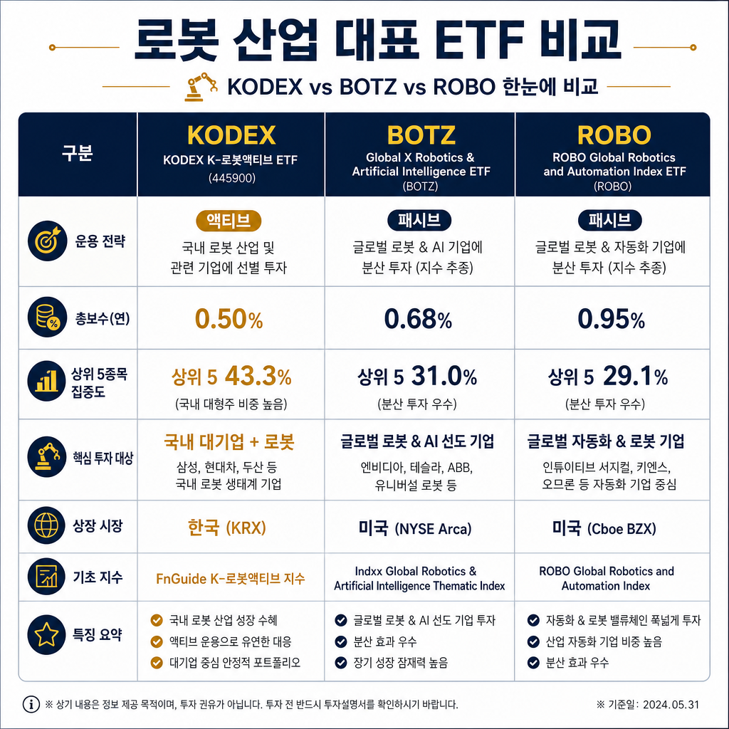 KODEX, BOTZ, ROBO 세 ETF를 비교하는 표 형식의 인포그래픽. 행에는 '운용 전략', '총보수(연)', '상위 5종목 집중도', '핵심 투자 대상' 등의 비교 항목을 제시. 각 ETF의 해당 데이터를 명확한 수치와 키워드(예: 액티브 / 0.50% / 상위5 43.3% / 국내 대기업+로봇)로 채워 넣어 한눈에 장단점을 비교할 수 있도록 구성. 항목별로 아이콘을 활용해 시각적 이해도를 높임.