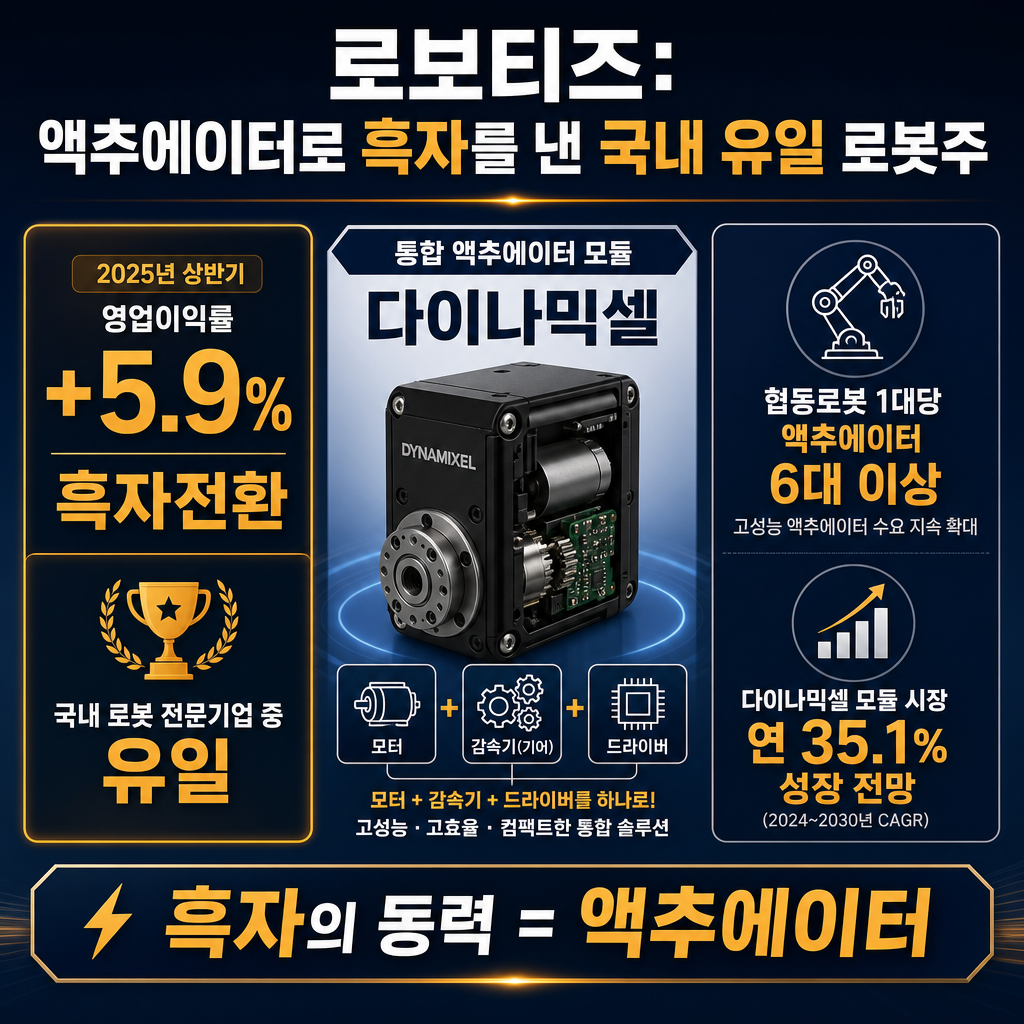 '로보티즈: 액추에이터로 흑자를 낸 국내 유일 로봇주'라는 제목의 인포그래픽. 중앙에 통합 액추에이터 '다이나믹셀' 모듈 아이콘(모터·감속기·드라이버가 하나로 합쳐진 형태)을 배치. 좌측에 '2025년 상반기 영업이익률 +5.9% 흑자전환', '국내 로봇 전문기업 중 유일'을 amber 색상으로 크게 강조. 우측에 '협동로봇 1대당 액추에이터 6대 이상'과 '다이나믹셀 모듈 시장 연 35.1% 성장 전망'을 아이콘과 함께 표기. 하단에 핵심 메시지 '흑자의 동력 = 액추에이터'. navy와 amber 톤, 데이터 시각화 스타일. 모든 텍스트 한글.