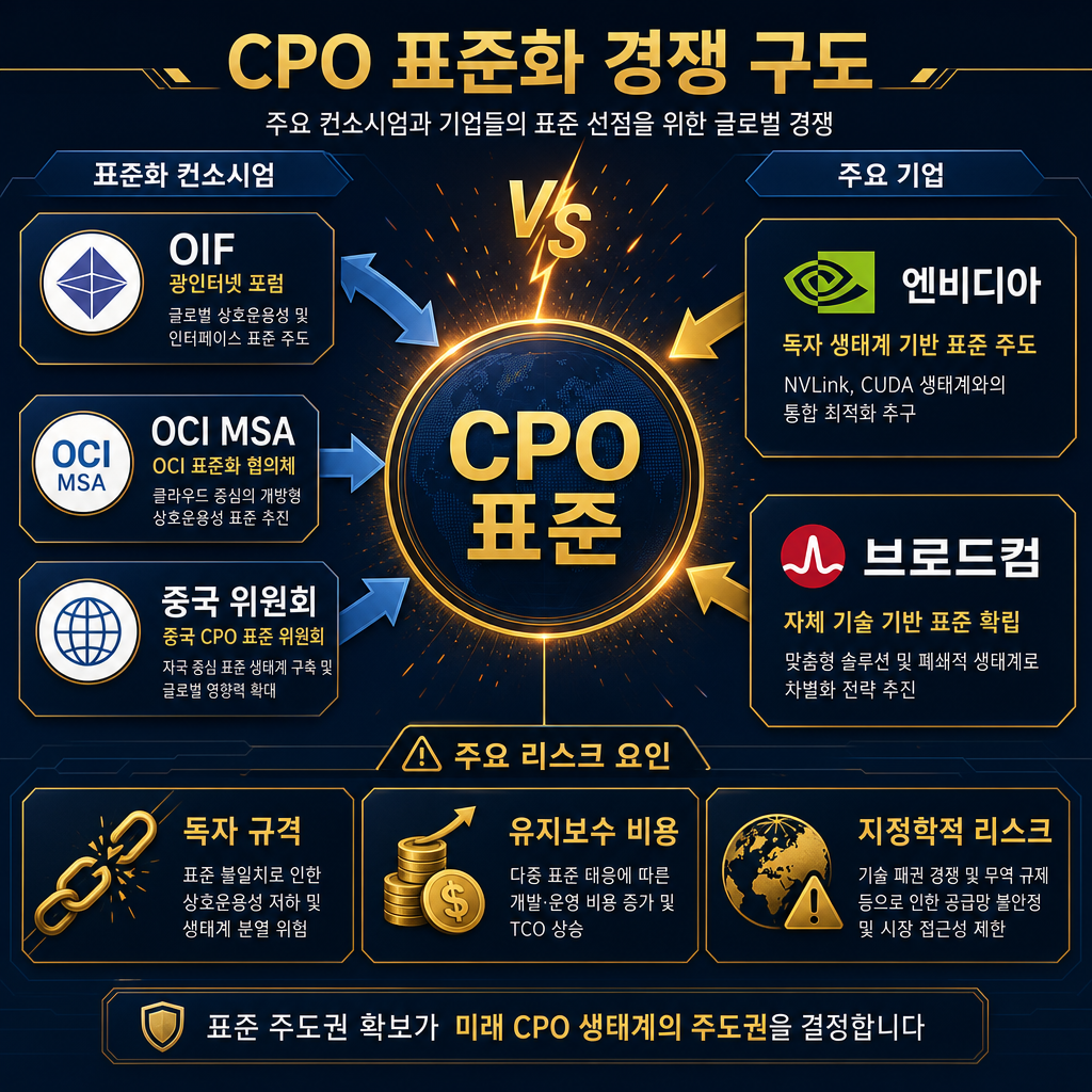 CPO 표준화 경쟁 구도를 나타내는 다이어그램. 중앙에 'CPO 표준'이라는 목표를 두고, 주변에서 여러 컨소시엄(OIF, OCI MSA, 중국 위원회 등)과 주요 기업(엔비디아, 브로드컴 등) 로고들이 서로 경쟁하며 화살표로 영향을 미치는 모습을 시각화. '독자 규격', '유지보수 비용', '지정학적 리스크' 등의 키워드를 리스크 요인으로 배치. 전체적으로 경쟁과 갈등의 뉘앙스를 담은 디자인.