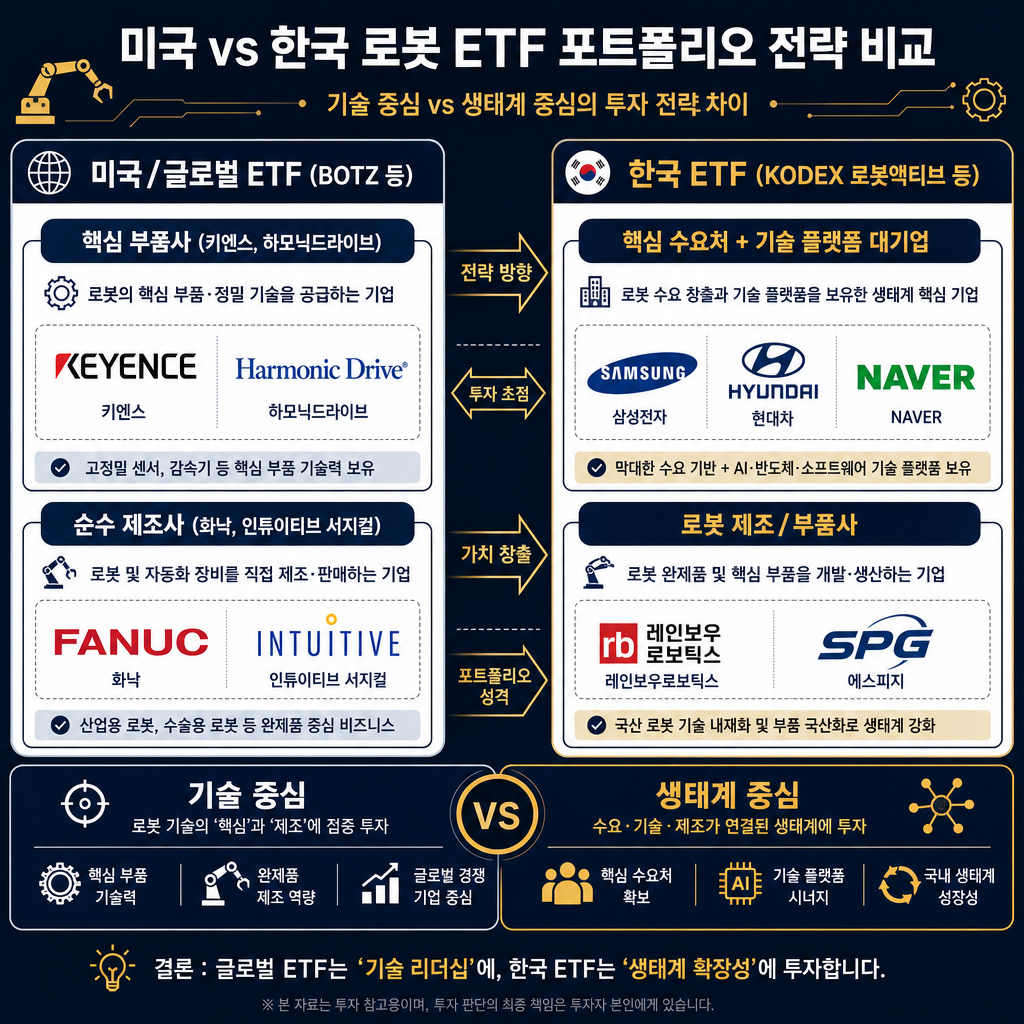 미국과 한국의 로봇 ETF 포트폴리오 전략을 비교하는 인포그래픽. 좌우 2단 구성. 왼쪽은 '미국/글로벌 ETF (BOTZ 등)' 제목 아래에 '핵심 부품사 (키엔스, 하모닉드라이브)'와 '순수 제조사 (화낙, 인튜이티브 서지컬)'라는 카테고리로 나누어 대표 기업 로고들을 배치. 오른쪽은 '한국 ETF (KODEX 로봇액티브 등)' 제목 아래에 '핵심 수요처 + 기술 플랫폼 대기업 (삼성전자, 현대차, NAVER)' 로고를 더 큰 비중으로 상단에 배치하고, 그 아래에 '로봇 제조/부품사 (레인보우로보틱스, 에스피지)' 로고를 배치. 두 전략의 차이를 보여주는 화살표와 키워드로 '기술 중심' vs '생태계 중심'으로 요약.