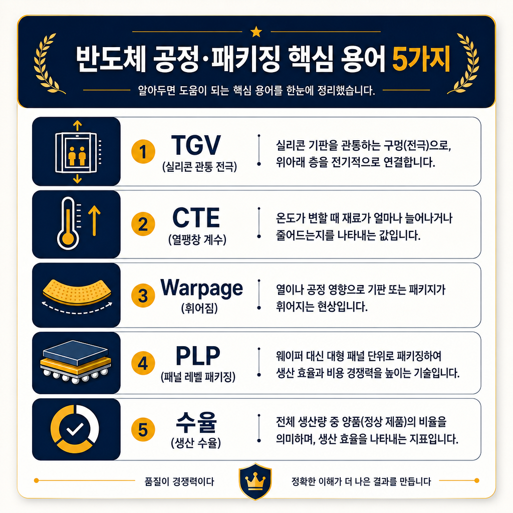 본문에서 설명한 5가지 핵심 용어(TGV, CTE, Warpage, PLP, 수율)를 정리한 인포그래픽 카드. 각 용어마다 심플한 아이콘과 함께 한 줄로 된 쉬운 설명이 덧붙여져 있음. 예를 들어 TGV 옆에는 엘리베이터 아이콘, CTE 옆에는 온도계와 화살표 아이콘, Warpage 옆에는 휘어진 감자칩 아이콘을 배치하여 시각적 이해를 돕는 디자인.