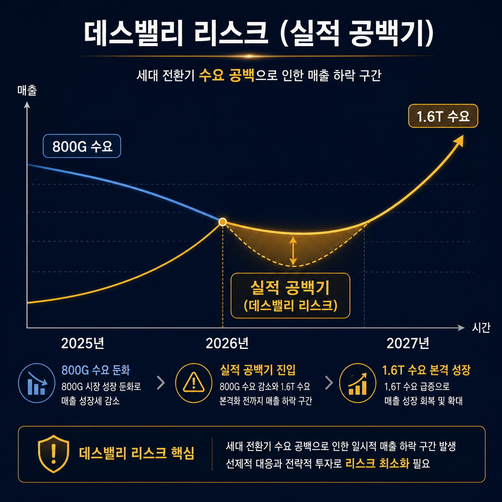 '데스밸리' 리스크를 시각화한 개념도. X축은 시간(2025년 → 2027년), Y축은 매출. 두 개의 곡선 그래프를 그림. 하나는 '800G 수요' 곡선으로 시간이 지남에 따라 완만하게 하락. 다른 하나는 '1.6T 수요' 곡선으로 2026년부터 가파르게 상승. 두 곡선이 교차하며 만들어내는 움푹 파인 계곡 부분을 '실적 공백기 (데스밸리 리스크)'라고 명시하고 amber 색상으로 강조.