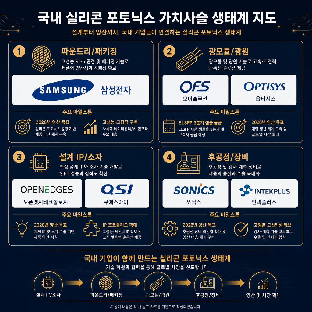 국내 실리콘 포토닉스 밸류체인 생태계 맵. '파운드리/패키징'(삼성전자 로고), '광모듈/광원'(오이솔루션, 옵티시스 로고), '설계 IP/소자'(오픈엣지테크놀로지, 큐에스아이 로고), '후공정/장비'(쏘닉스, 인텍플러스 로고) 등 4개의 카테고리로 나누어 각 기업의 위치를 보여줌. 각 기업 로고 아래에 '2028년 양산 목표', 'ELSFP 3분기 샘플 공급' 등 핵심 마일스톤을 짧게 기재. navy 배경에 amber 강조색 사용.
