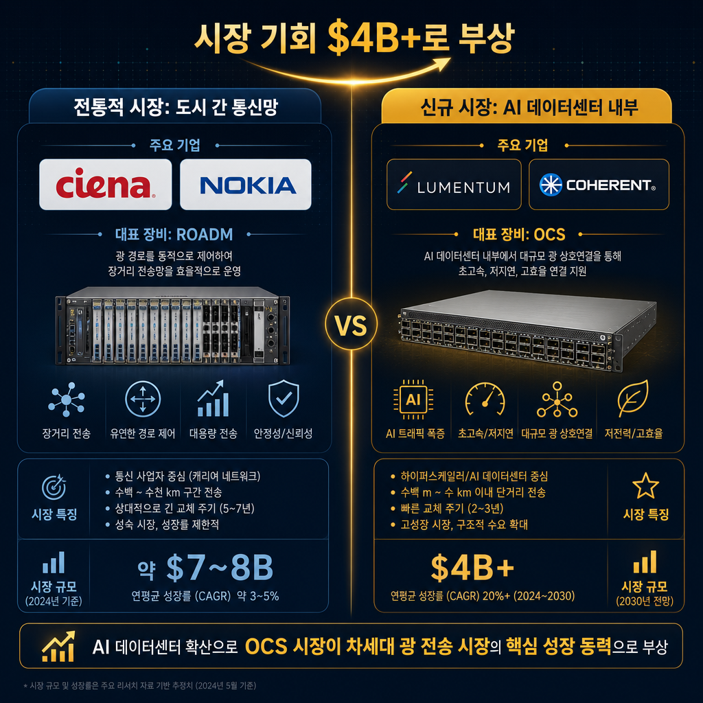 광전송장비 시장의 변화를 보여주는 비교 다이어그램. 좌측에는 '전통적 시장: 도시 간 통신망'이라는 제목 아래 Ciena, Nokia 등의 로고와 ROADM 장비 아이콘을 배치. 우측에는 '신규 시장: AI 데이터센터 내부'라는 제목 아래 Lumentum, Coherent 로고와 OCS 장비 아이콘을 배치. 두 시장을 가르는 중앙선 위에는 '시장 기회 $4B+로 부상'이라는 문구를 넣어 새로운 시장의 잠재력을 강조.