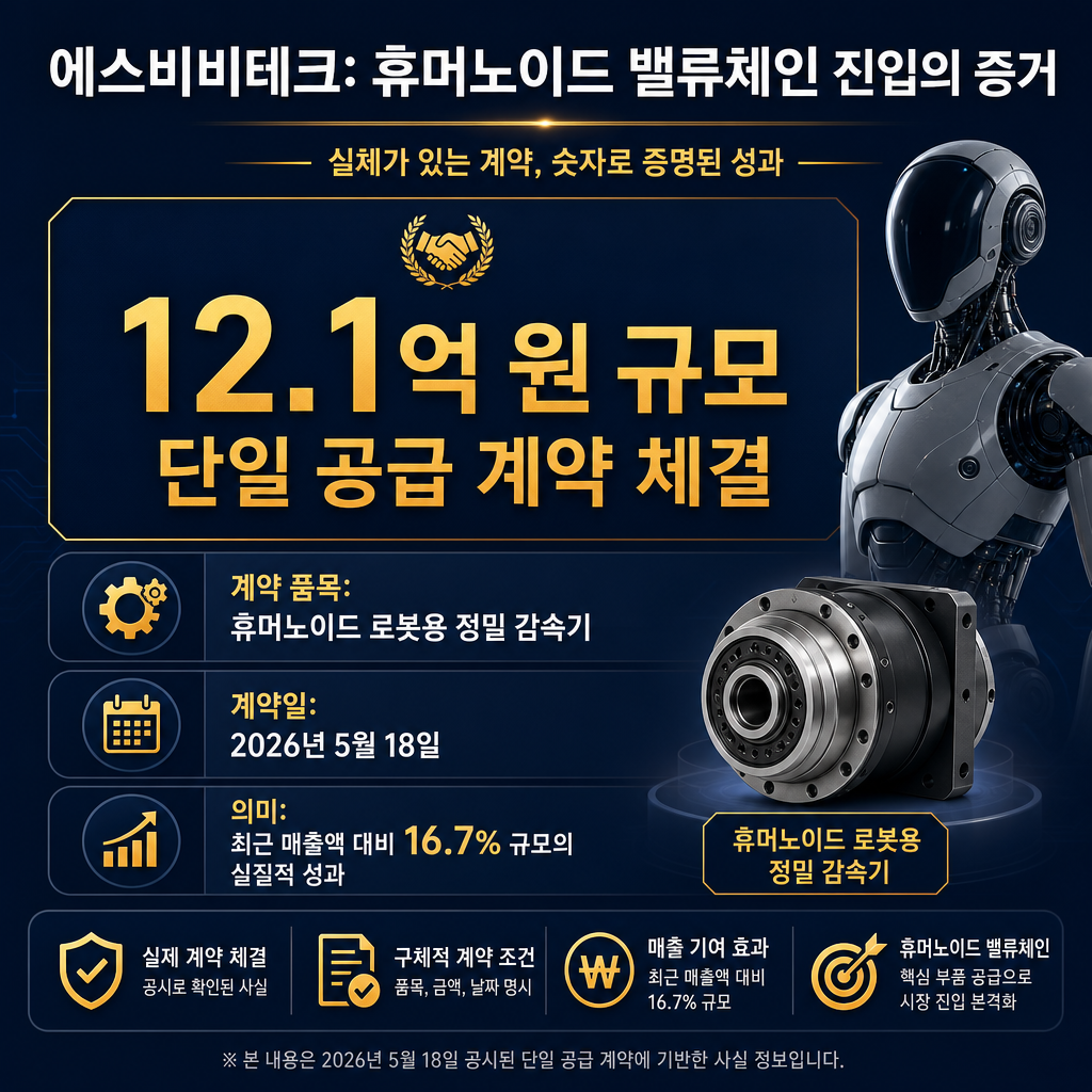 '에스비비테크: 휴머노이드 밸류체인 진입의 증거'라는 제목의 인포그래픽. 중앙에 '12.1억 원 규모 단일 공급 계약 체결'이라는 수치를 amber 색상으로 크게 강조. 그 아래로 '계약 품목: 휴머노이드 로봇용 정밀 감속기', '계약일: 2026년 5월 18일', '의미: 최근 매출액 대비 16.7% 규모의 실질적 성과'라는 세부 내용을 아이콘과 함께 명확히 정리. 추상적인 기대감이 아닌 구체적인 계약 사실을 부각.