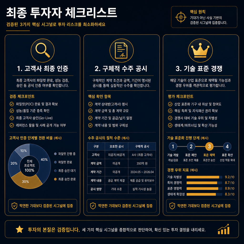 최종 투자자 체크리스트를 시각화한 인포그래픽. 3개의 카드 디자인으로 구성. 첫 번째 카드: 돋보기 아이콘과 '1. 고객사 최종 인증'. 두 번째 카드: 계약서 아이콘과 '2. 구체적 수주 공시'. 세 번째 카드: 왕관 아이콘과 '3. 기술 표준 경쟁'. 각 카드 하단에 '막연한 기대보다 검증된 시그널에 집중'이라는 문구를 추가. 전체적으로 신뢰감을 주는 navy 컬러 기반에 amber로 포인트를 줌.