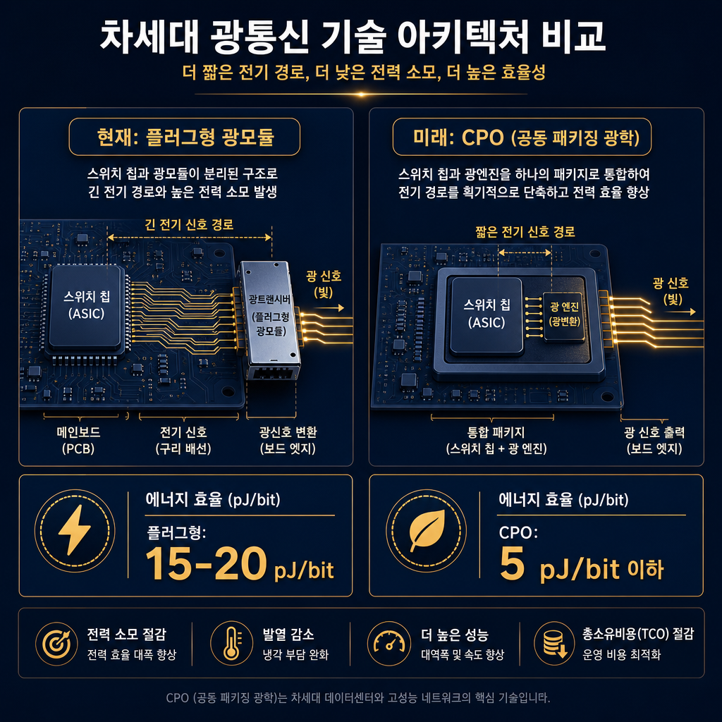 차세대 광통신 기술 아키텍처 비교 다이어그램. '현재: 플러그형 광모듈'과 '미래: CPO (공동 패키징 광학)' 두 가지 구조를 나란히 비교. '플러그형'은 스위치 칩(ASIC)이 메인보드에 있고, 긴 전기 신호 경로를 거쳐 보드 가장자리의 광 트랜시버에서 빛으로 변환되는 모습을 그림. 'CPO'는 스위치 칩과 광학 엔진(Optical Engine)이 하나의 패키지 안에 바로 붙어 있어 전기 신호 경로가 극도로 짧아진 모습을 보여줌. 각 구조 아래에 '에너지 효율(pJ/bit)' 수치를 비교 표시 (플러그형: 15-20 pJ/bit, CPO: 5 pJ/bit 이하).