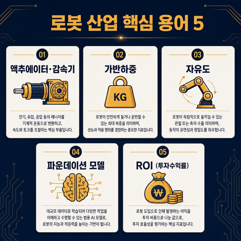 핵심 용어 정리 카드 디자인. 제목: '로봇 산업 핵심 용어 5'. 5개의 용어(액추에이터·감속기, 가반하중, 자유도, 파운데이션 모델, ROI)를 각각의 카드 형태로 디자인. 각 카드에는 용어 이름(한글/영문), 1~2줄의 쉬운 설명, 그리고 관련된 심볼 아이콘(구동 모듈, 무게추, 관절, 뇌, 돈주머니)을 배치. 전체적으로 navy 배경에 amber 텍스트/아이콘으로 포인트를 준 깔끔한 디자인.