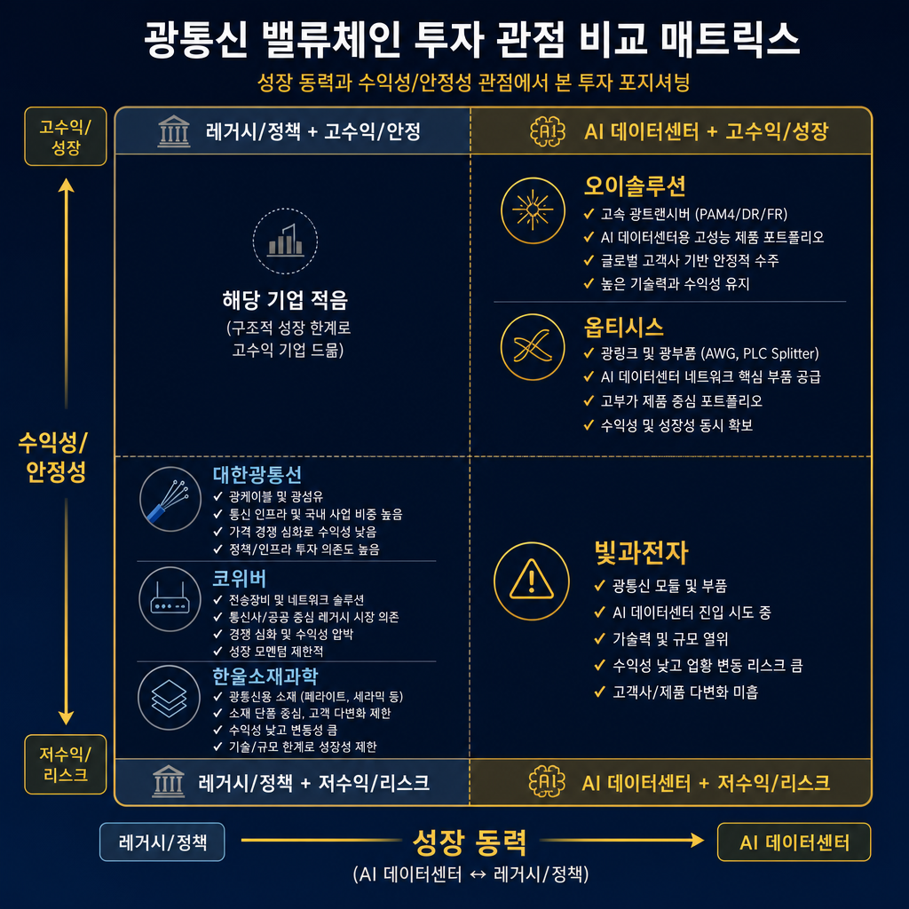광통신 밸류체인 투자 관점 비교 매트릭스. 2x2 매트릭스 형태로, X축은 '성장 동력 (AI 데이터센터 ↔ 레거시/정책)', Y축은 '수익성/안정성 (고수익/성장 ↔ 저수익/리스크)'. 각 사분면에 해당하는 대표 기업들을 배치. (우상단) 고수익/성장+AI: 오이솔루션, 옵티시스. (좌상단) 고수익/안정+레거시: 해당 기업 적음. (우하단) 리스크+AI: 빛과전자. (좌하단) 저수익/리스크+레거시: 대한광통신, 코위버, 한울소재과학. 각 기업명에 핵심 체크포인트를 키워드로 달아줌.