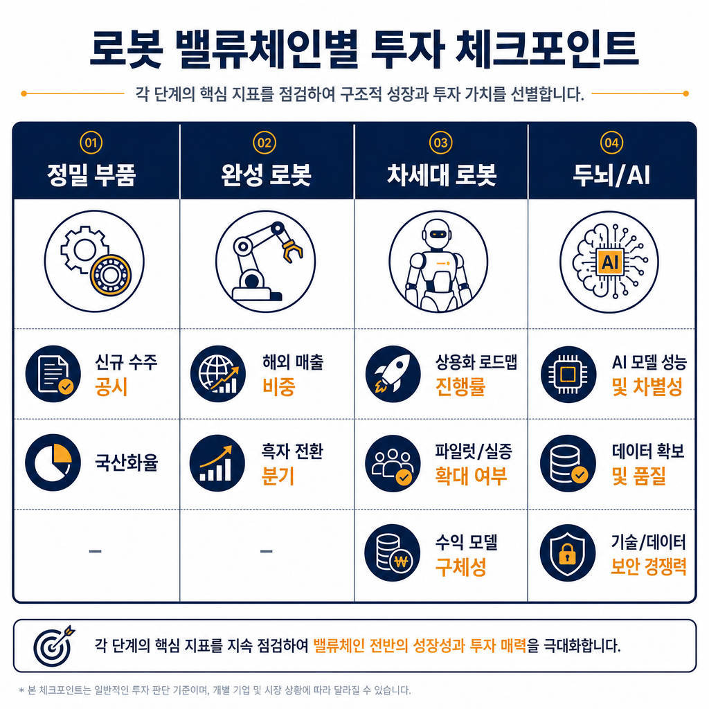 로봇 밸류체인 단계별 투자 체크포인트 요약 테이블. 4개의 열(정밀 부품, 완성 로봇, 차세대 로봇, 두뇌/AI)을 만들고 각 열 아래에 핵심 체크포인트 2~3개를 불릿 포인트로 정리. 예를 들어, '정밀 부품' 열에는 '신규 수주 공시', '국산화율'을, '완성 로봇' 열에는 '해외 매출 비중', '흑자 전환 분기' 등을 기입. 네이비 배경의 깔끔한 테이블 디자인.