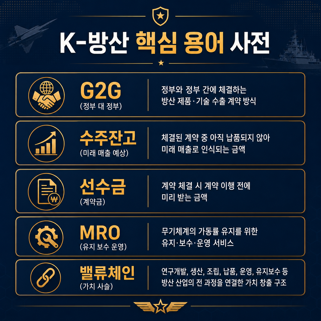 'K-방산 핵심 용어 사전'이라는 제목의 인포그래픽. 5개의 용어(G2G, 수주잔고, 선수금, MRO, 밸류체인)를 아이콘과 함께 간결한 한 줄 정의로 정리한 카드 디자인. 배경은 깔끔한 navy 톤, 강조 텍스트는 amber 사용.