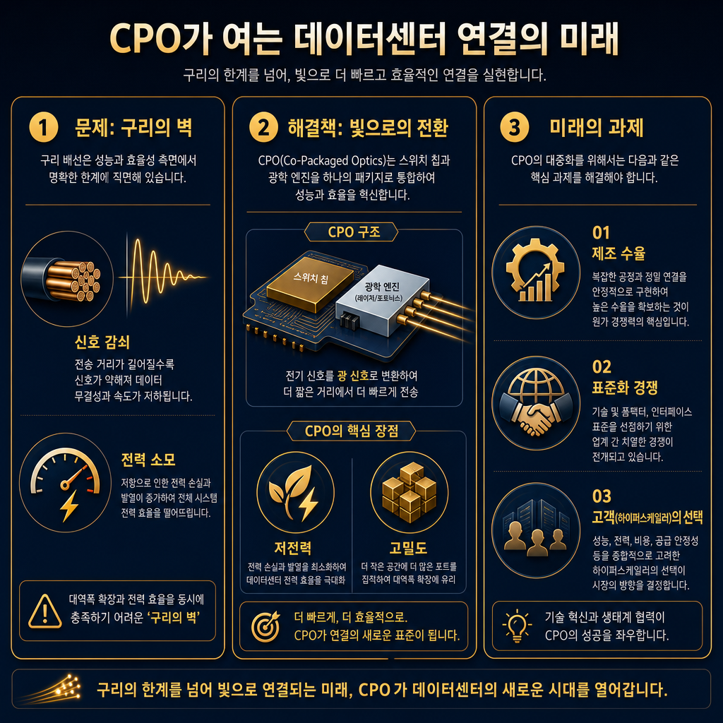 글의 핵심 메시지를 종합하는 요약 인포그래픽. 3개의 열로 구성. 첫 번째 열은 '문제: 구리의 벽'이라는 제목으로 구리선의 신호 감쇠 및 전력 소모 문제를 아이콘으로 요약. 두 번째 열은 '해결책: 빛으로의 전환'이라는 제목으로 CPO의 구조와 장점(저전력, 고밀도)을 아이콘으로 요약. 세 번째 열은 '미래의 과제'라는 제목으로 '제조 수율', '표준화 경쟁', '고객(하이퍼스케일러)의 선택'이라는 세 가지 핵심 투자 관점을 아이콘과 키워드로 제시. navy와 amber 컬러를 사용해 전문성을 강조.