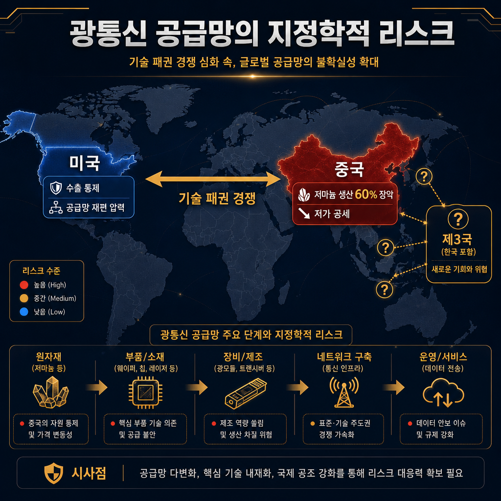 광통신 공급망의 지정학적 리스크를 시각화한 세계 지도. 중국 지역을 붉은색으로 강조하고 '저마늄 생산 60% 장악', '저가 공세' 키워드를 배치. 미국 지역은 파란색으로 강조하고 '수출 통제', '공급망 재편 압력' 키워드를 배치. 두 지역 사이에 양방향 화살표를 그리고, 그 위에 '기술 패권 경쟁'이라고 명시. 한국을 포함한 제3국 지역에는 '새로운 기회와 위협'이라는 물음표 아이콘을 추가.
