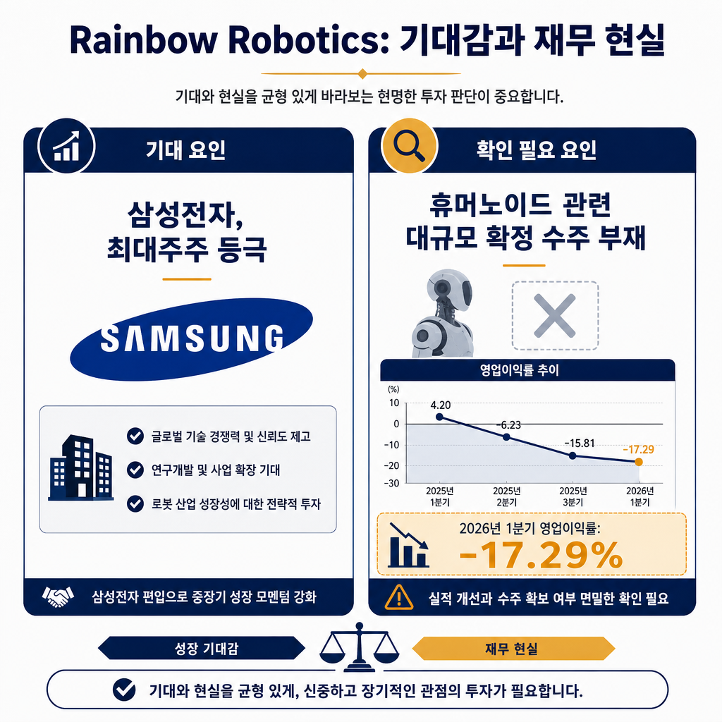 '레인보우로보틱스: 기대감과 재무 현실'이라는 제목의 비교형 인포그래픽. 좌측 '기대 요인' 섹션에는 '삼성전자, 최대주주 등극'이라는 긍정적 사실과 삼성 로고를 배치. 우측 '확인 필요 요인' 섹션에는 '휴머노이드 관련 대규모 확정 수주 부재'라는 텍스트와 함께 '2026년 1분기 영업이익률: -17.29%'라는 수치를 amber 색으로 강조한 그래프나 숫자 박스를 배치. 두 요인을 나란히 보여주어 투자자가 균형 잡힌 시각을 갖도록 유도.