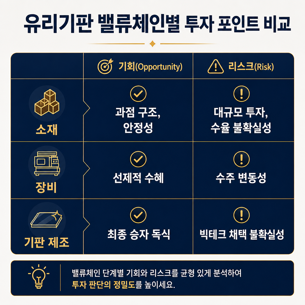 '유리기판 밸류체인별 투자 포인트 비교' 매트릭스. 행은 '소재', '장비', '기판 제조' 3단계. 열은 '기회(Opportunity)'와 '리스크(Risk)'. 각 셀에 해당 단계의 투자 관점 핵심 키워드를 요약. 예: 소재의 기회는 '과점 구조, 안정성', 리스크는 '대규모 투자, 수율 불확실성'. 장비의 기회는 '선제적 수혜', 리스크는 '수주 변동성'. 기판 제조의 기회는 '최종 승자 독식', 리스크는 '빅테크 채택 불확실성'. 투자자가 각 단계의 장단점을 한눈에 비교할 수 있는 표.