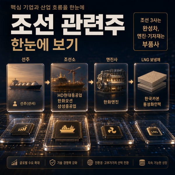 조선 관련주 밸류체인 지도 — 한화오션·삼성중공업·HD현대중공업·한화엔진·한국카본은 어디에 서 있나