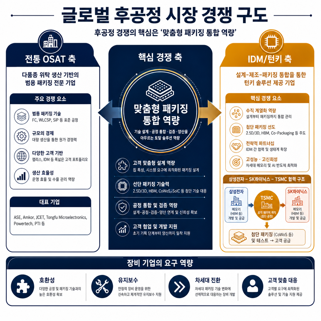 글로벌 후공정 경쟁 구도 다이어그램. 좌측에는 '전통 OSAT 축', 우측에는 'IDM/턴키 축'을 배치. 삼성전자와 SK하이닉스-TSMC 협력 구조를 우측에 표시하고, 중앙에는 '맞춤형 패키징 통합 능력'이 가장 큰 경쟁축으로 강조. 하단에는 장비사 요구 역량 박스 '호환성, 유지보수, 차세대 전환, 고객 맞춤 대응'. 모든 텍스트 한글. IDM 축 강조는 amber, 나머지 구조는 navy.