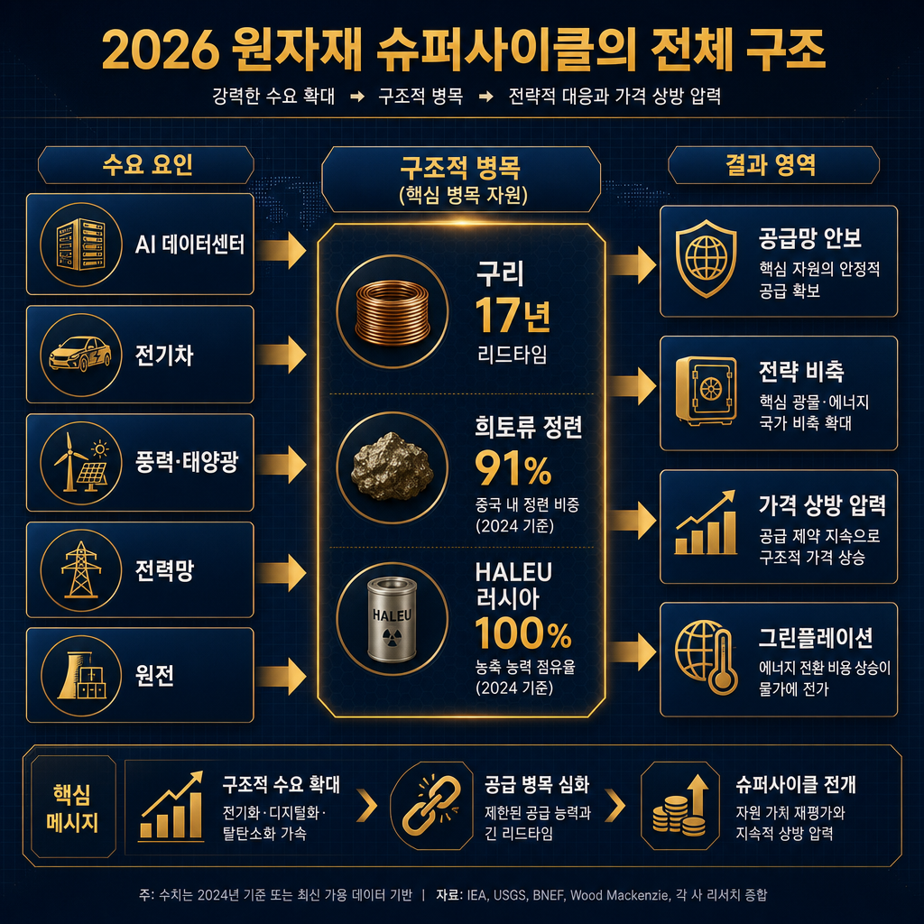 본문용 종합 메커니즘 다이어그램. 제목 '2026 원자재 슈퍼사이클의 전체 구조'. 좌측 수요 요인(AI 데이터센터, 전기차, 풍력·태양광, 전력망, 원전)에서 중앙 병목(구리 17년 리드타임, 희토류 정련 91%, HALEU 러시아 100%)으로 화살표 연결. 우측 결과 영역에는 공급망 안보, 전략 비축, 가격 상방 압력, 그린플레이션 개념 박스 배치. 모든 텍스트와 화살표 설명 한글.