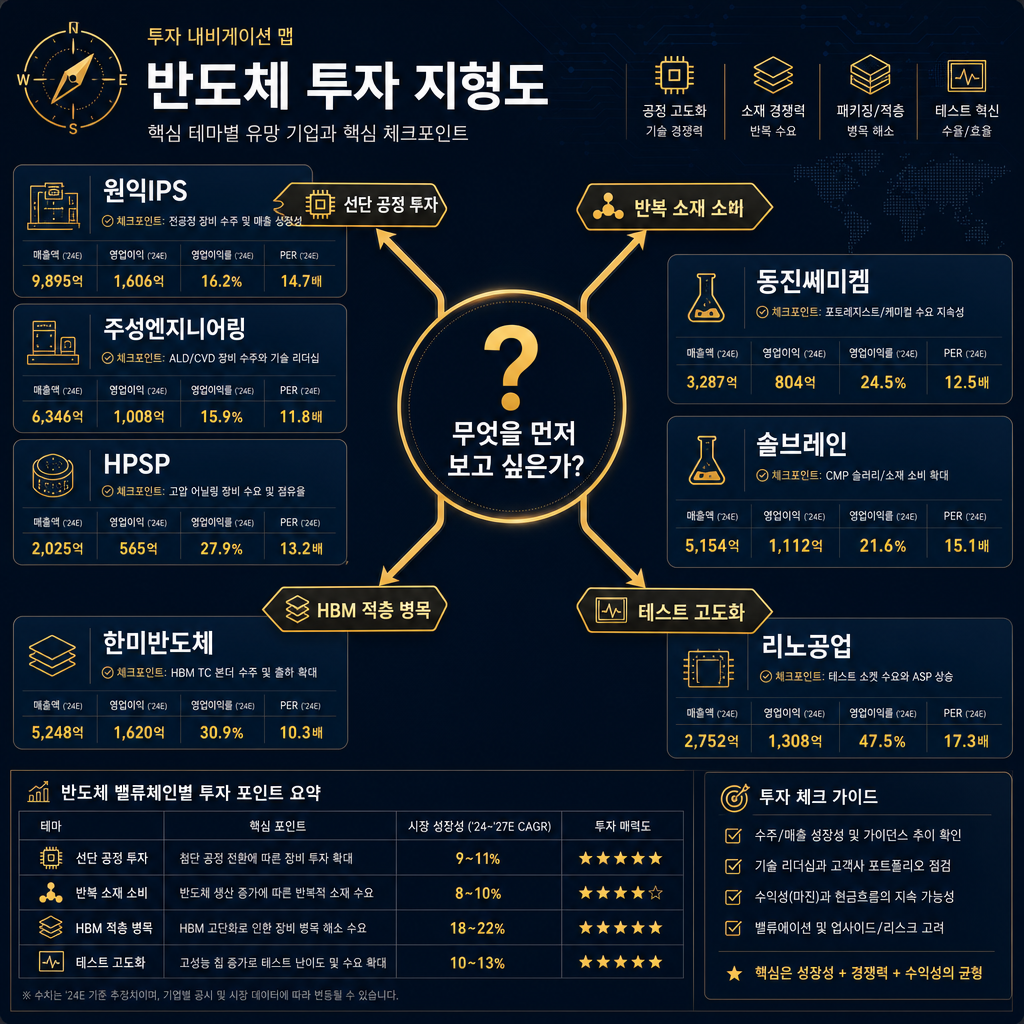 투자자용 네비게이션 맵. 중앙에 질문형 허브 ‘무엇을 먼저 보고 싶은가?’ 배치. 사방으로 4개 화살표 분기: ‘선단 공정 투자’→원익IPS·주성엔지니어링·HPSP, ‘반복 소재 소비’→동진쎄미켐·솔브레인, ‘HBM 적층 병목’→한미반도체, ‘테스트 고도화’→리노공업. 각 종목 아래 1줄 체크포인트와 핵심 수치 요약 삽입. 모든 텍스트·라벨·범례 한글.