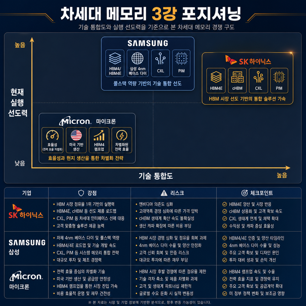 본문용 3사 포지셔닝 매트릭스. 제목 "차세대 메모리 3강 포지셔닝". 가로축=기술 통합도, 세로축=현재 실행 선도력. SK하이닉스는 우상단 근처에 HBM4E·cHBM·CXL·PIM 아이콘 묶음, 삼성은 통합도 최상단에 HBM4/HBM4E·자체 4나노 베이스다이·CXL·PIM 표시, 마이크론은 효율·미국 생산 기반·HBM4 램프·전력효율 차별화로 표시. 하단 요약표에 각사 강점/리스크/체크포인트 정리. navy/slate 기반, amber 포인트. 모든 라벨 한글.