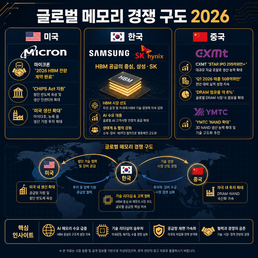 본문 비교 차트. 제목 글로벌 메모리 경쟁 구도 2026. 좌측 미국 패널: 마이크론 2026 HBM 전량 계약 완료, CHIPS Act 지원, 미국 생산 확대. 중앙 한국 패널: 삼성·SK 중심 HBM 공급. 우측 중국 패널: CXMT STAR IPO 295억위안+, Q1 2026 매출 508억위안, DRAM 점유율 약 8%, YMTC NAND 확대. 하단에 세계 지도형 배치와 화살표로 경쟁 구도 표현. 모든 텍스트 한글.