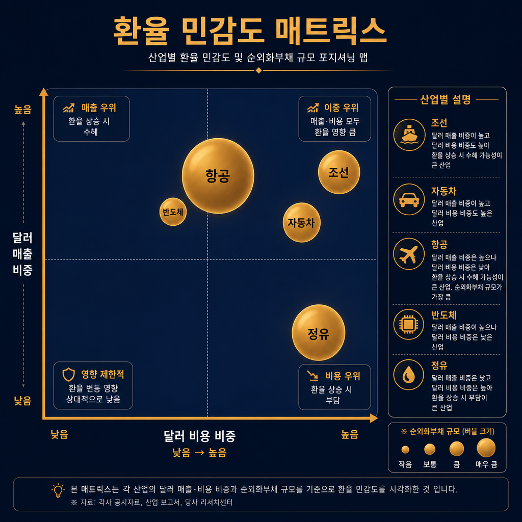 본문용 2×2 포지셔닝 맵. 제목 '환율 민감도 매트릭스'. X축은 '달러 비용 비중 낮음→높음', Y축은 '달러 매출 비중 낮음→높음'. 버블 크기는 '순외화부채 규모'. 조선은 우상단이지만 비용보다 매출 우위·버블 중간, 자동차는 우상단 중간·버블 중간, 항공은 중상단·버블 매우 큼, 정유는 우하단에 가깝고 버블 중간~큼, 반도체는 최상단 중간과 버블 상대적으로 작거나 미상 표기. 우측 범례에 각 섹터 유형 설명. 모든 축·범례·주석 한글.