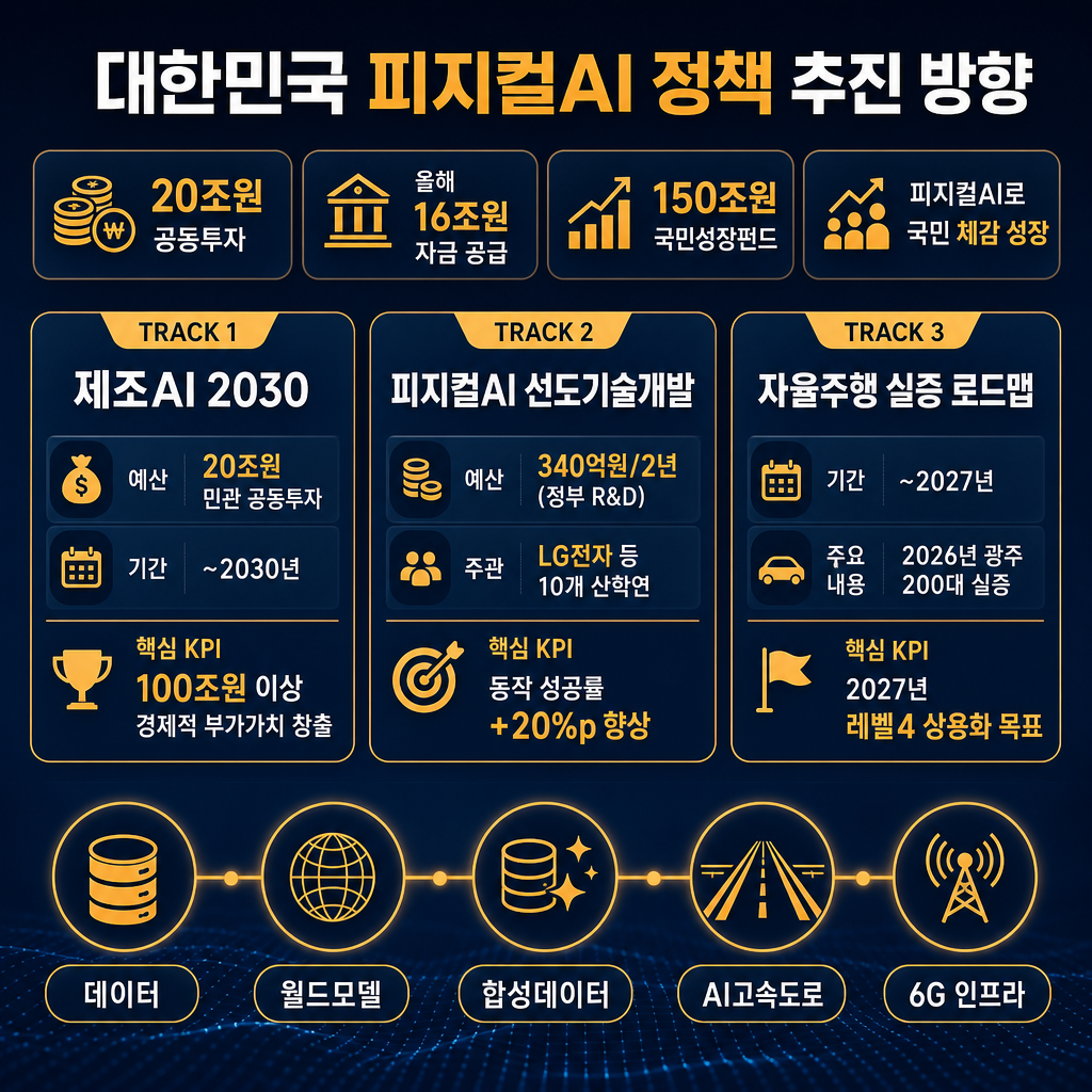 한국 피지컬AI 정책 배분 인포그래픽. 중앙에 세 갈래 트랙: 제조AI 2030, 피지컬AI 선도기술개발, 자율주행 실증 로드맵. 각 트랙별 예산·기간·핵심 KPI 표시: 20조원 공동투자, 340억원/2년, 동작 성공률 +20%p, 2027 레벨4 목표, 올해 16조원 자금 공급, 150조원 국민성장펀드. 하단에는 데이터·월드모델·합성데이터·AI고속도로·6G 인프라 연결도. 모든 텍스트 한글.